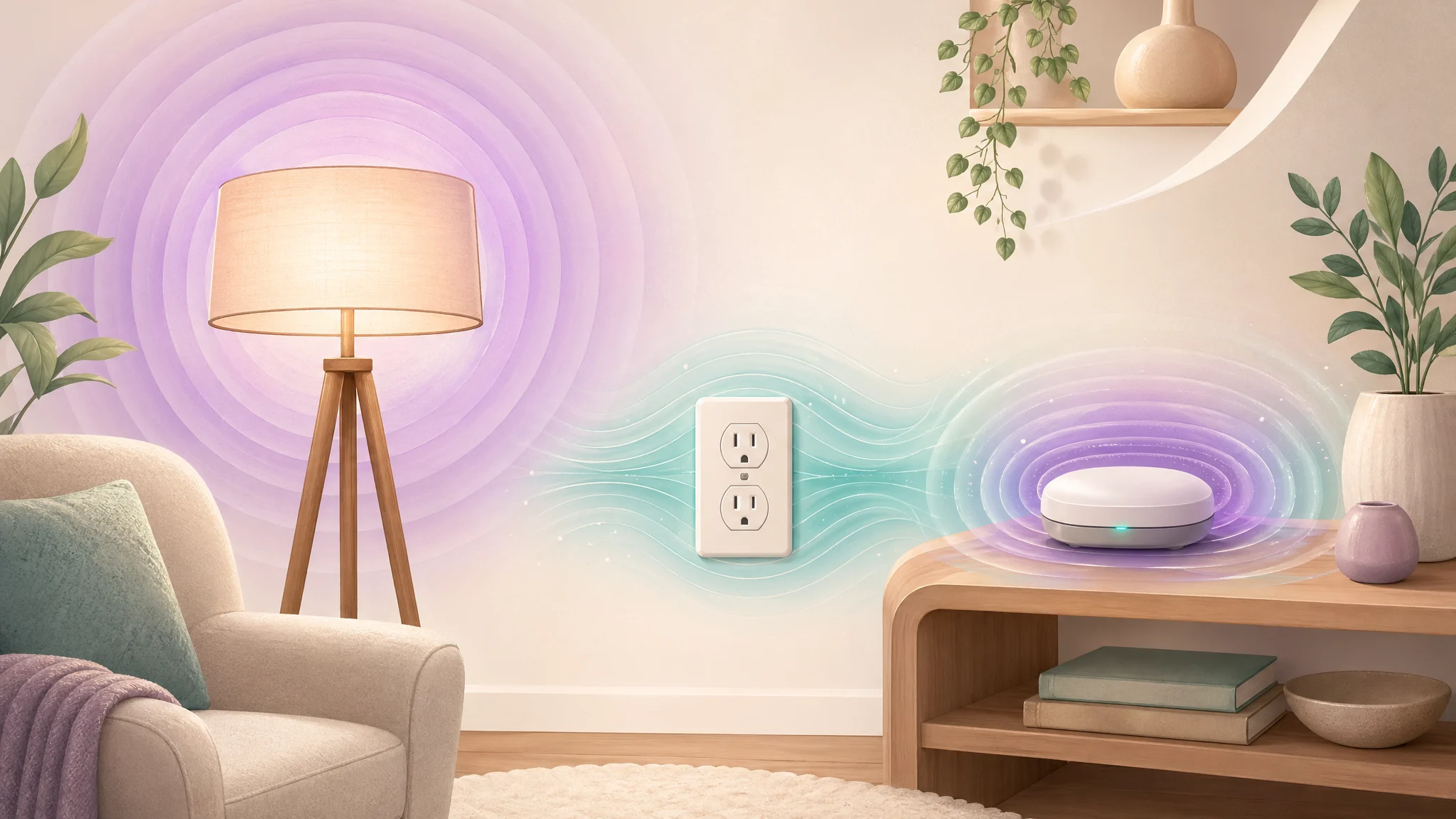Calm home illustration showing subtle electromagnetic field patterns near a lamp, outlet, and wireless device.