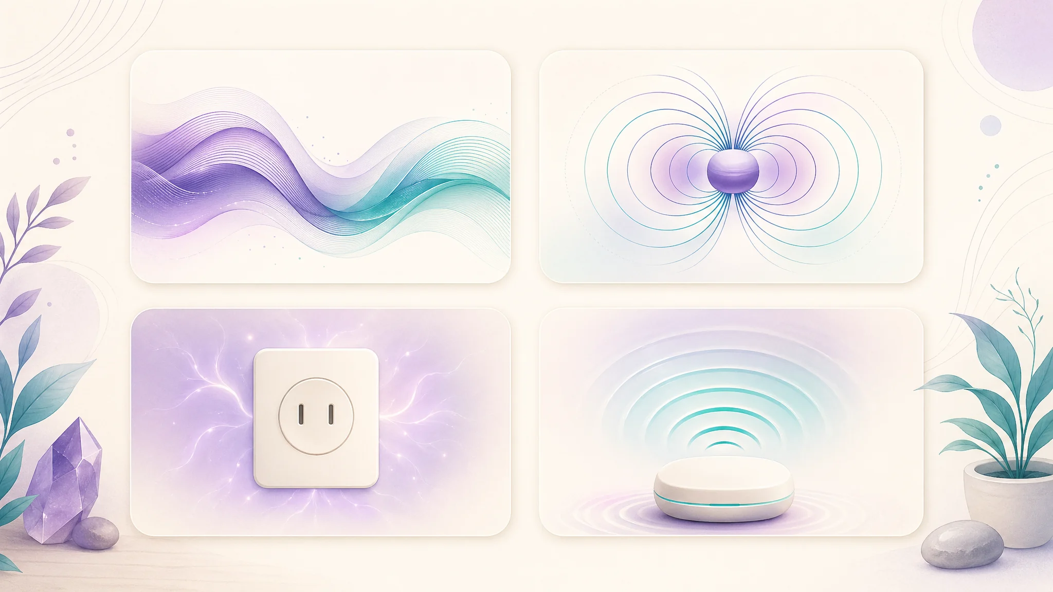 Four abstract EMF field motifs shown as clean visual tiles for wireless, magnetic, electric, and wiring-related fields.