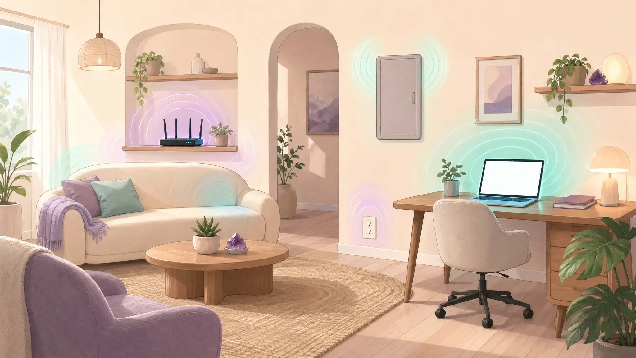 Tidy home office and living room illustration with a router, laptop, outlet, and utility panel as common EMF source areas.