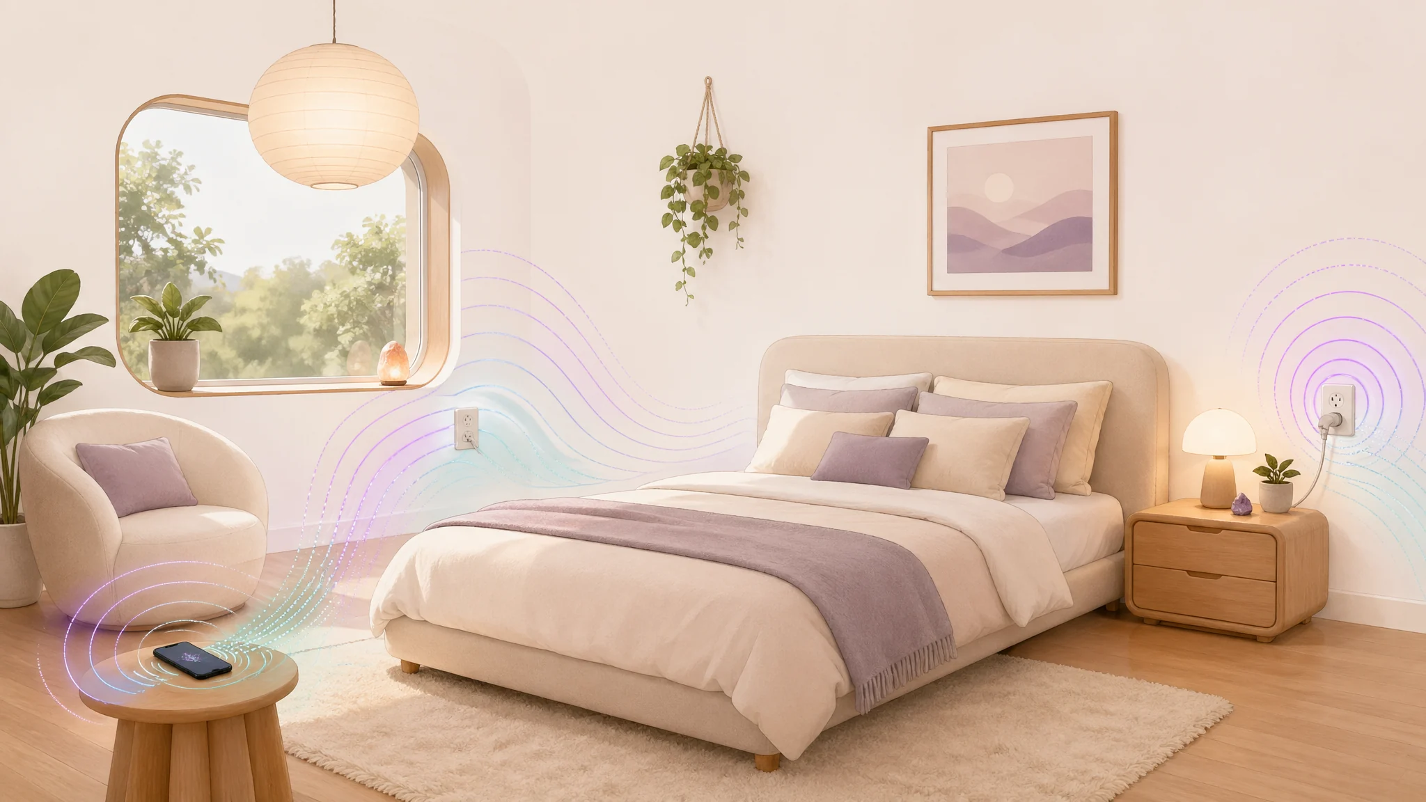 Quiet bedroom illustration with a phone away from the pillow, outlets away from the sleep area, and softened field lines.