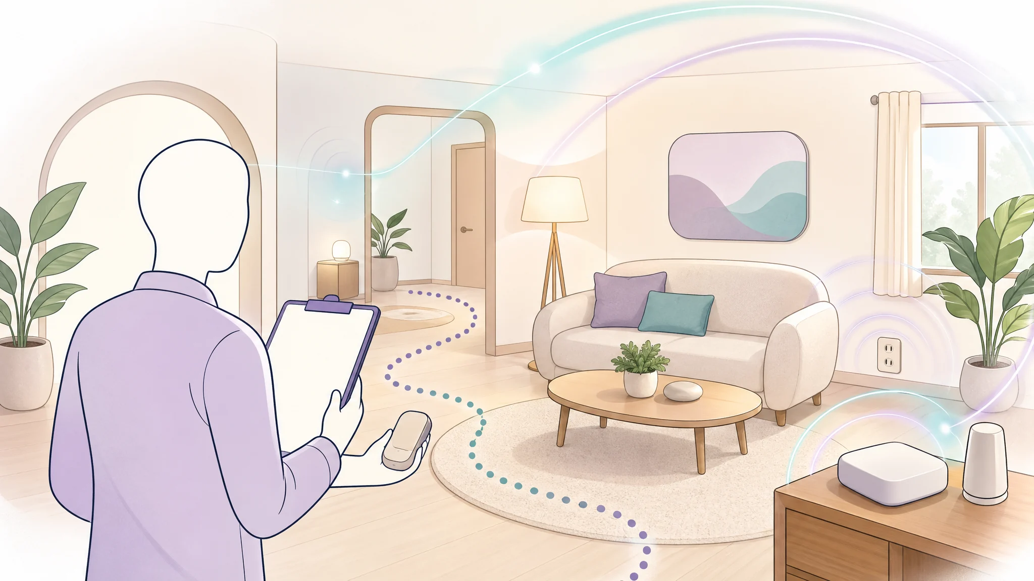 Friendly home walkthrough illustration with a consultant silhouette, blank clipboard, small measuring device, and dotted room path.