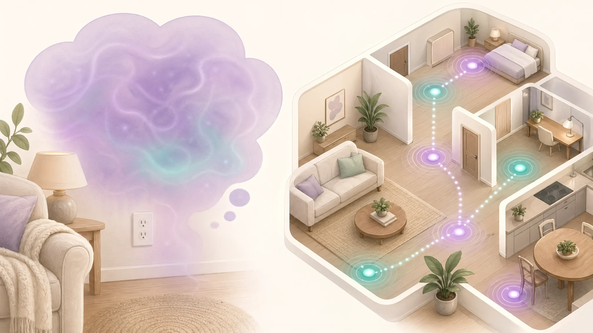 Split home illustration comparing a vague guess bubble with a clearer measured path through rooms and source areas.