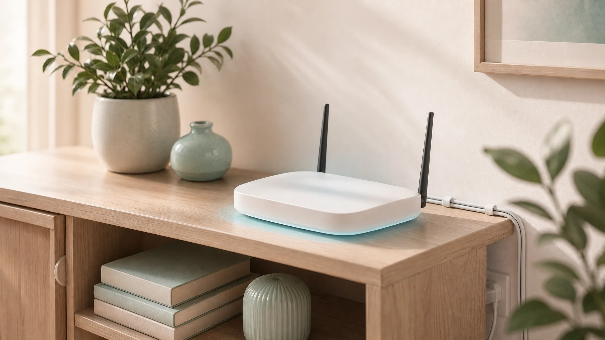 Router placement illustration showing a Wi-Fi router on a shelf with clean cable management.