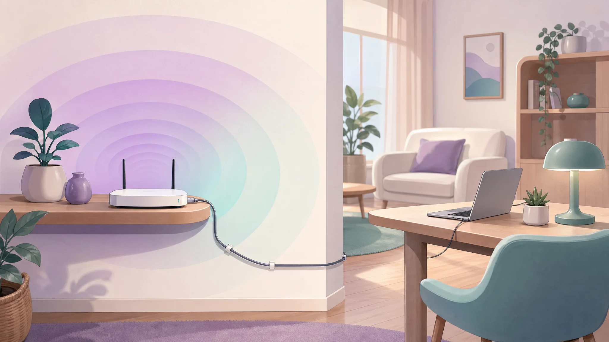 Router placement illustration with distance rings, room separation, and a neat wired cable option for fixed devices.