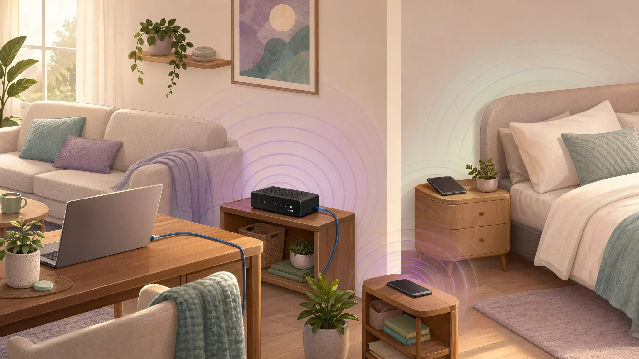 Practical home illustration with a wired laptop connection, phone moved away, and a switched-off bedside device.