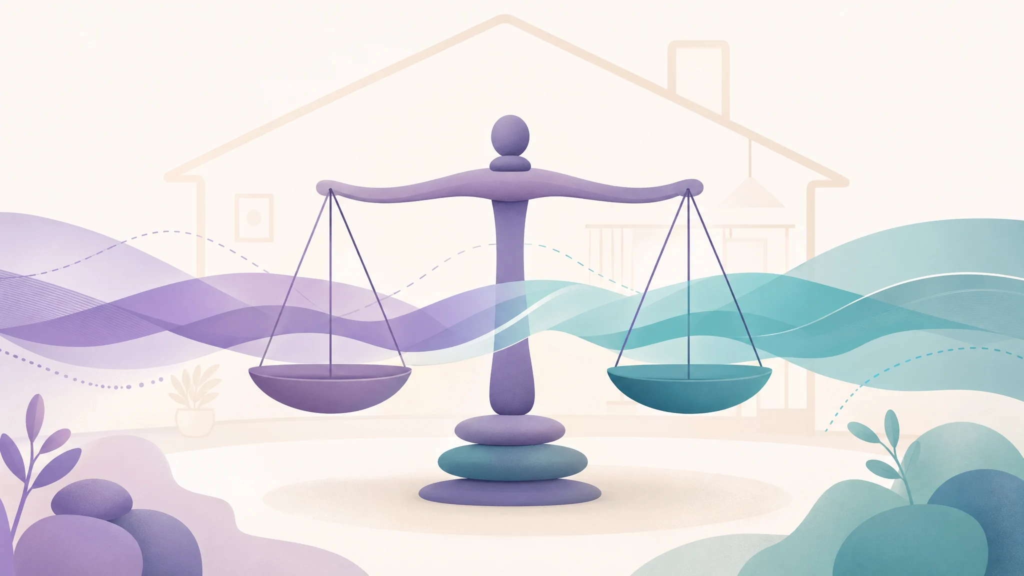 Calm home illustration with balanced scale shapes and layered threshold ribbons representing different EMF guidance levels.