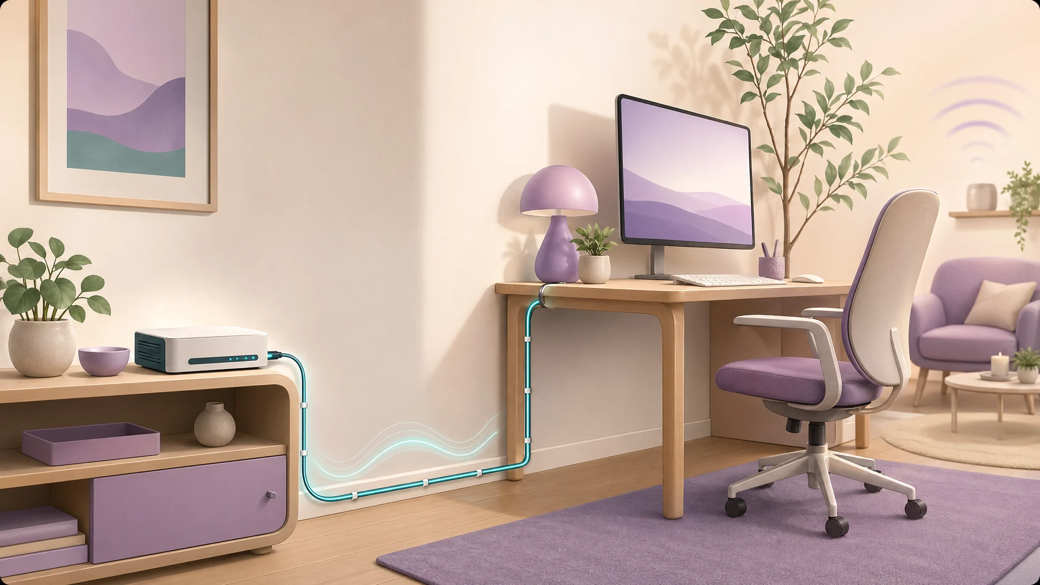 Clean wired home network illustration showing a router connected to a desk workstation with stable lines and lower wireless glow.