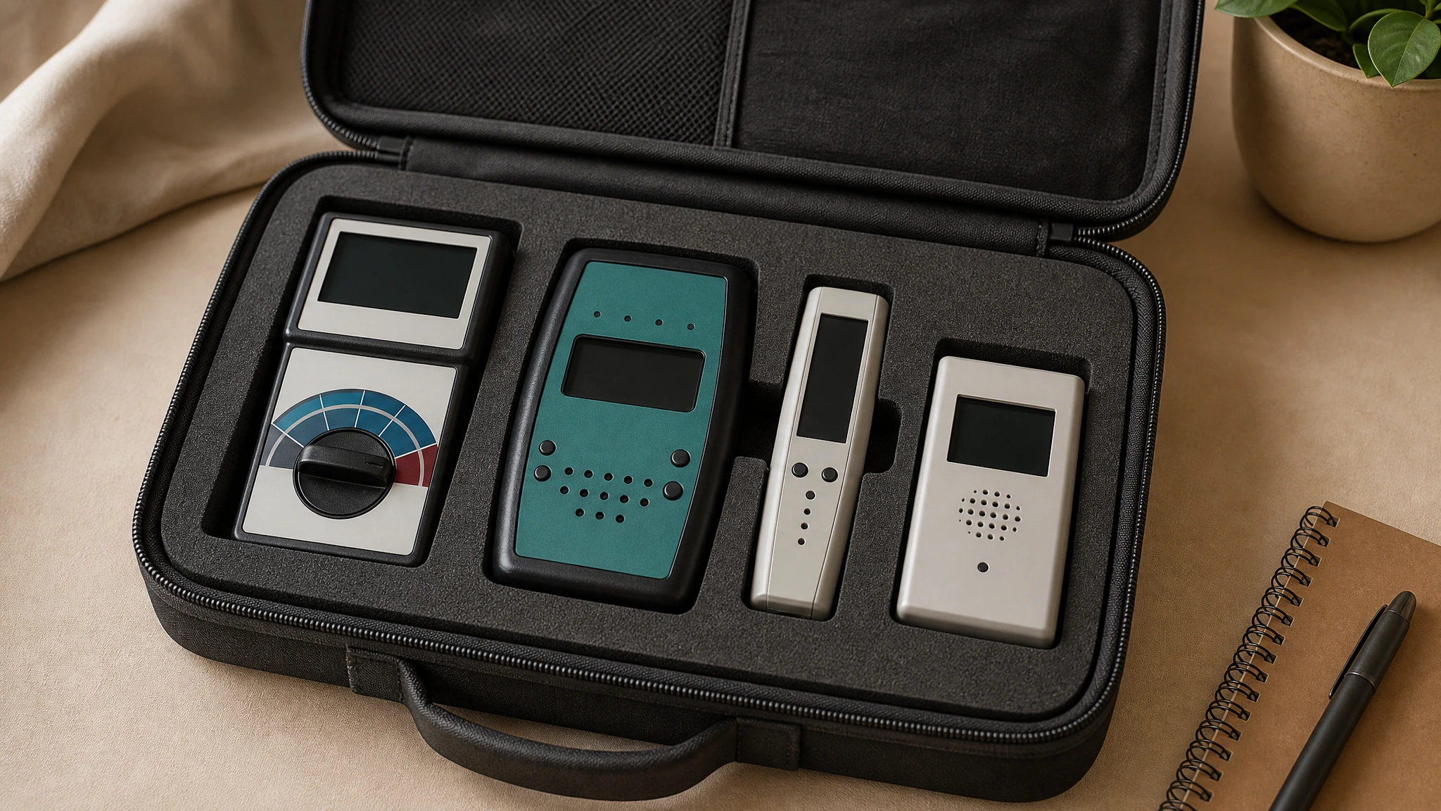 Professional EMF meter kit in a padded case, with a generalized beginner meter and additional assessment tools.