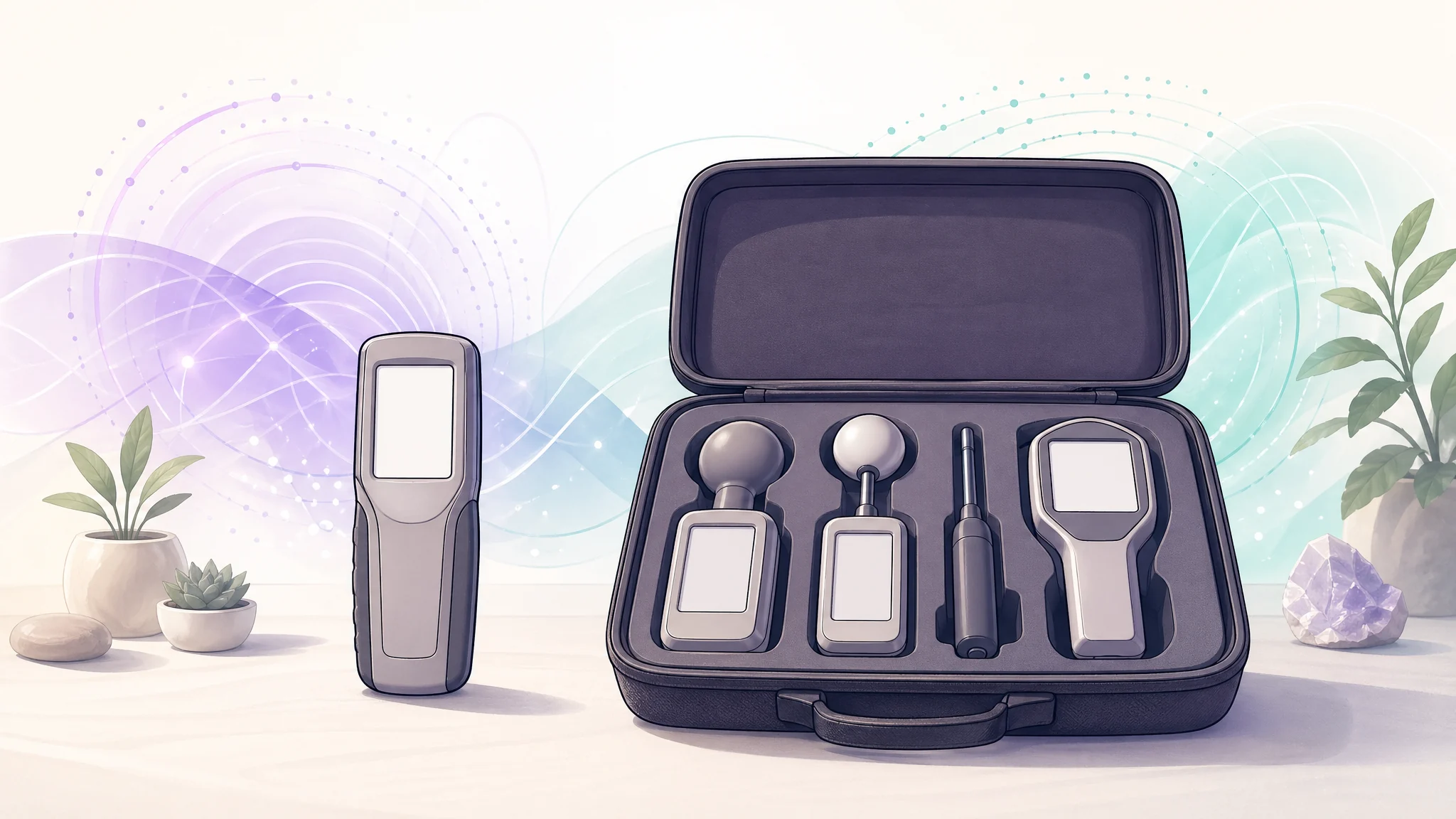 Neutral EMF meter selection illustration showing a basic handheld meter silhouette beside professional kit silhouettes with blank screens.
