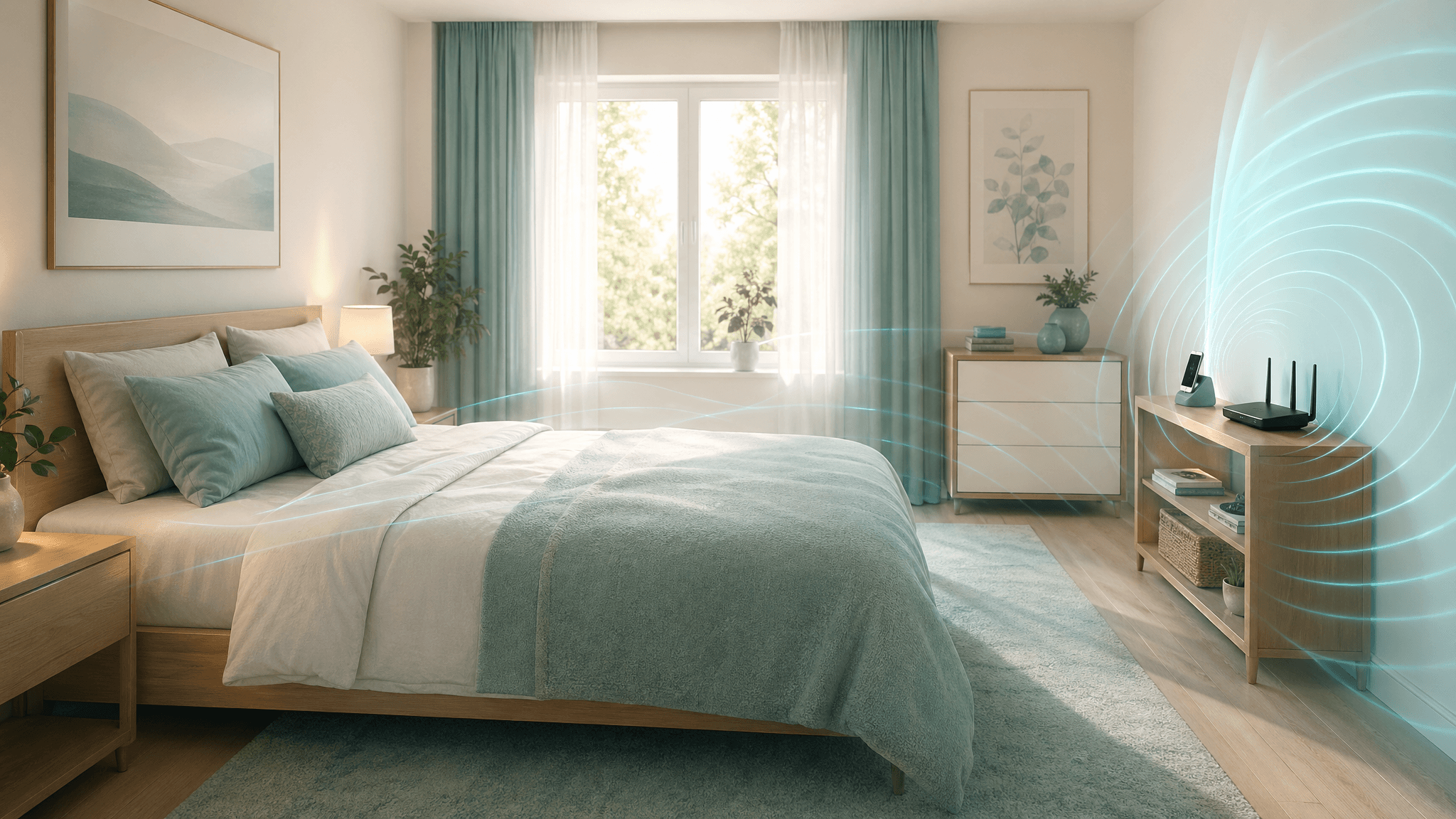 Peaceful bedroom illustration showing electronic devices away from the bed with subtle field lines fading across the room.