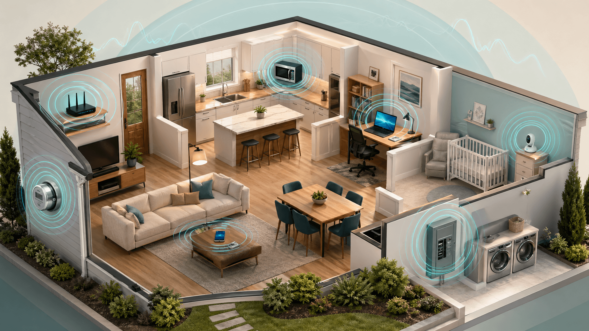 Modern home illustration with common EMF sources such as a Wi-Fi router, phone, laptop, and smart meter highlighted.