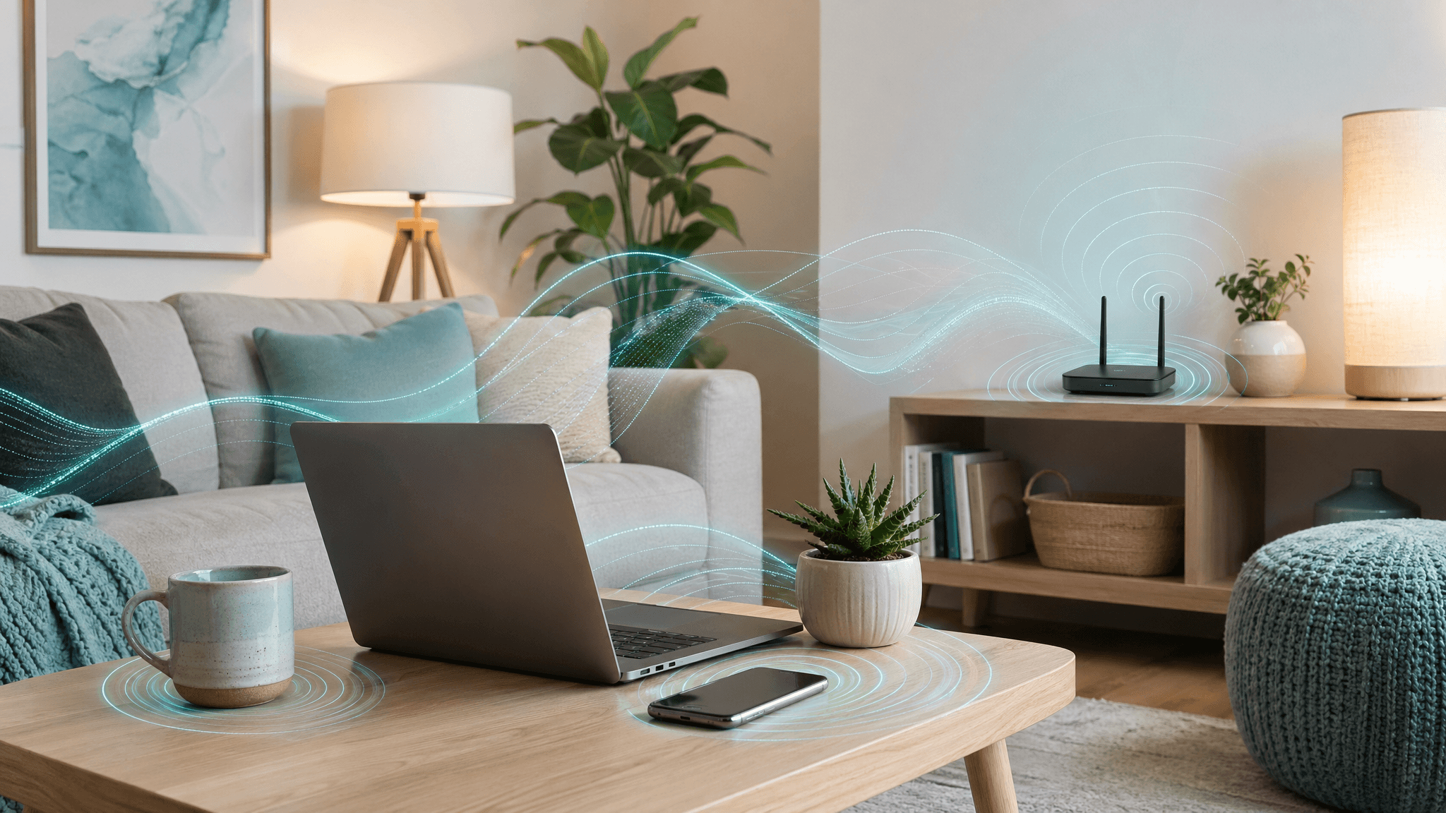 Illustration of a calm living room with subtle electromagnetic field lines around everyday home devices.
