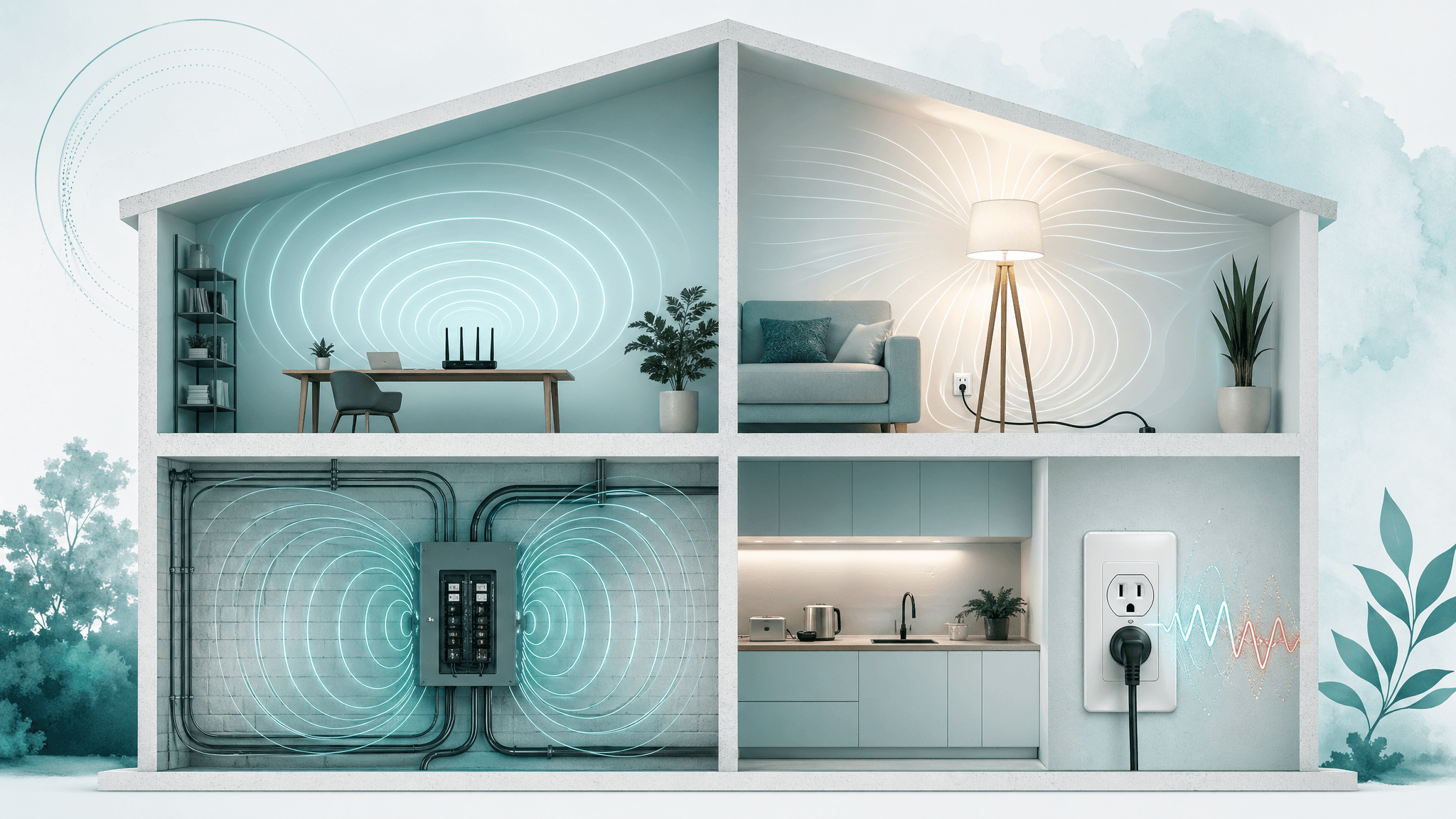 Four-part home diagram showing RF, electric fields, magnetic fields, and dirty electricity as separate measurable EMF types.