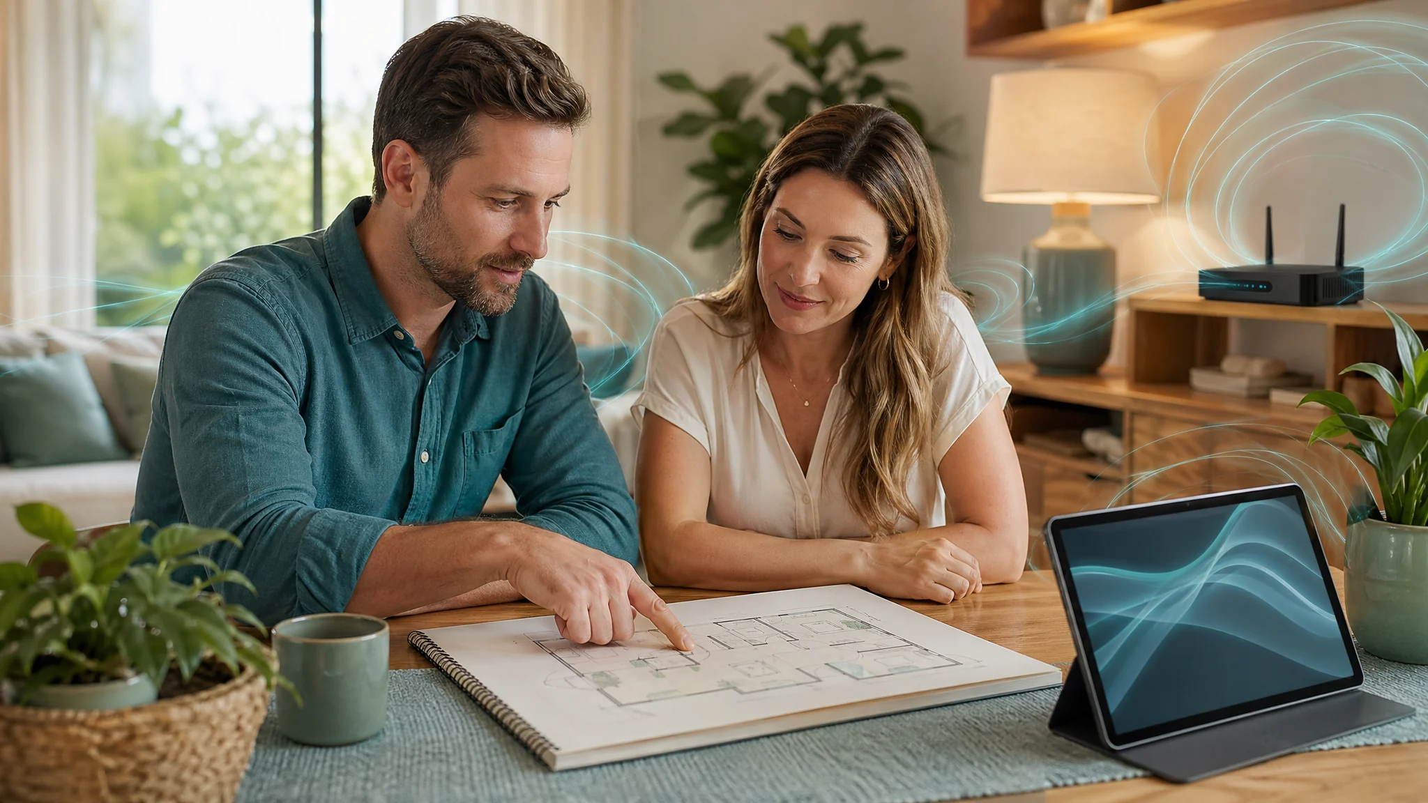 Consultant and homeowner review a floor plan in a warm living room with subtle field lines around everyday electronics.