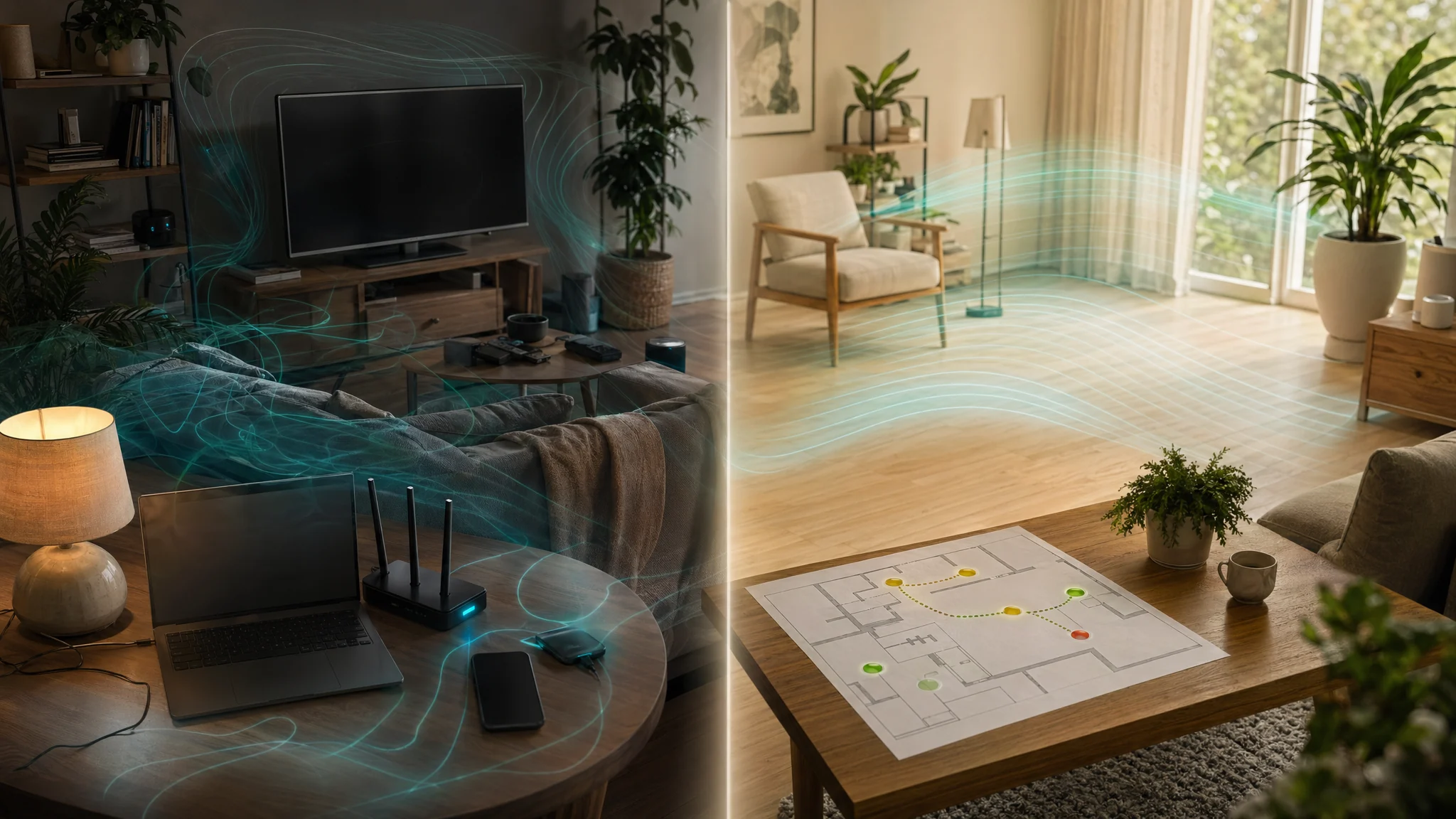 Living room scene shifting from hazy uncertainty to an organized floor plan with prioritized markers and field lines.