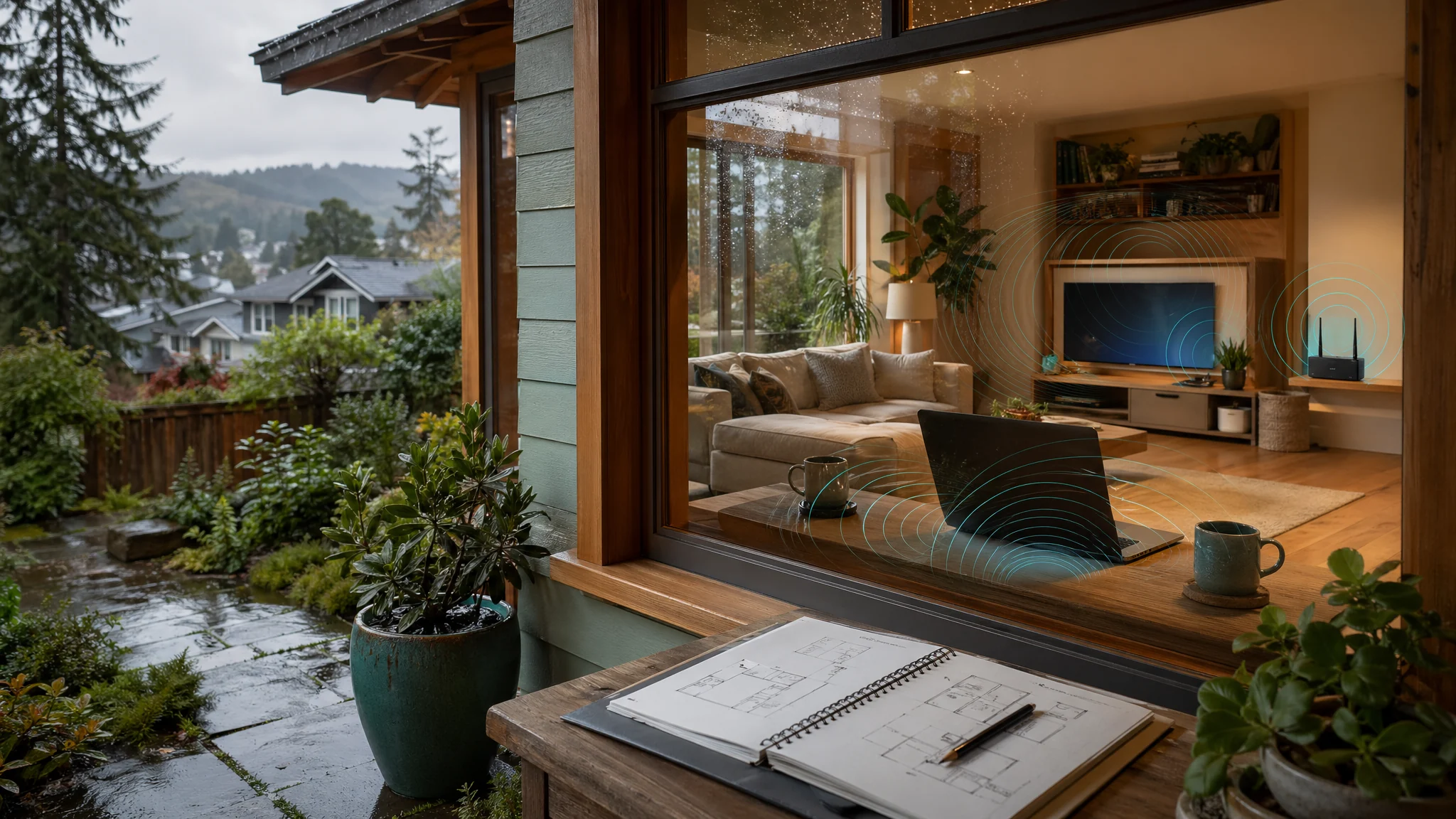 Portland style home after rain with a warm living room, floor plan, and subtle field lines around everyday electronics.