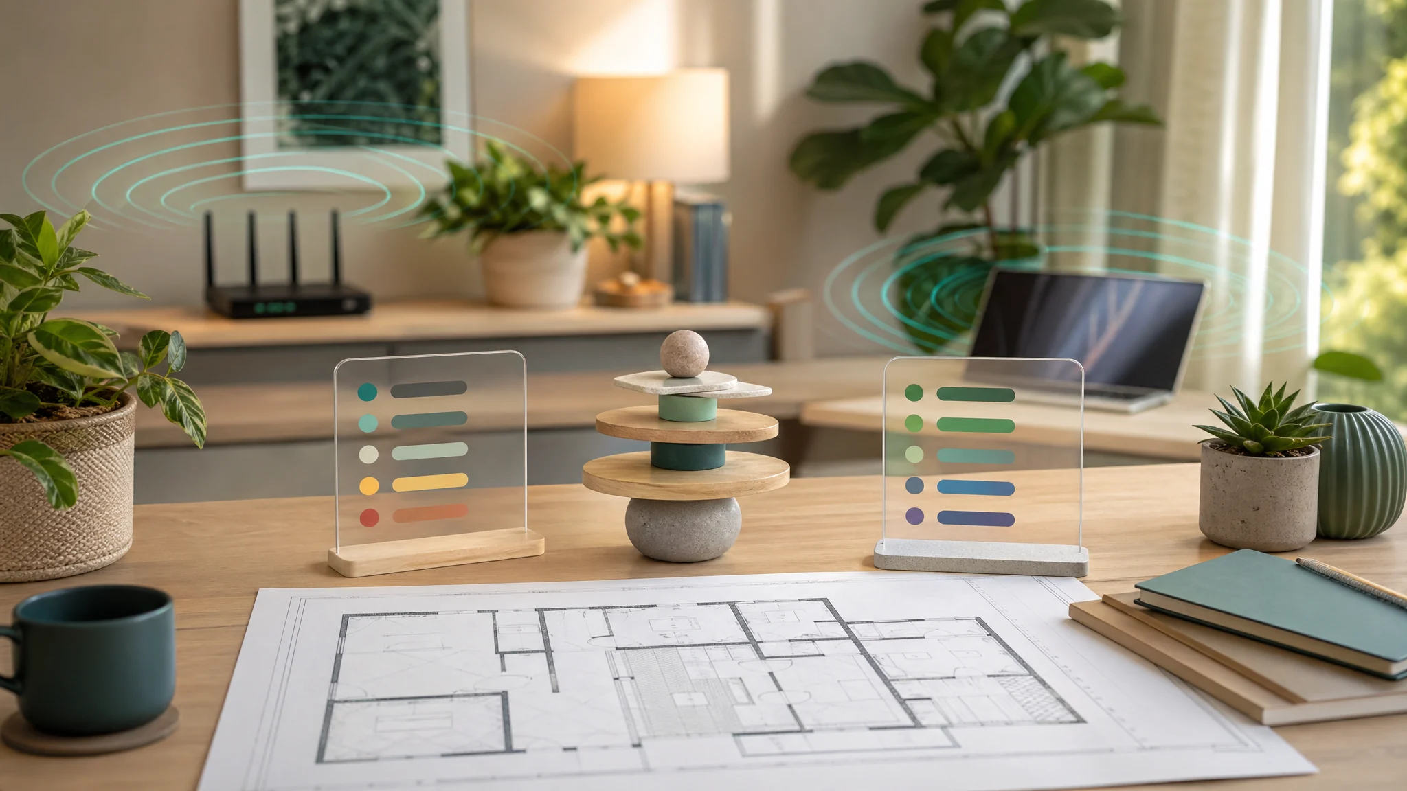 Home office desk with abstract guideline panels, a balanced scale form, floor plan, and subtle field lines around electronics.
