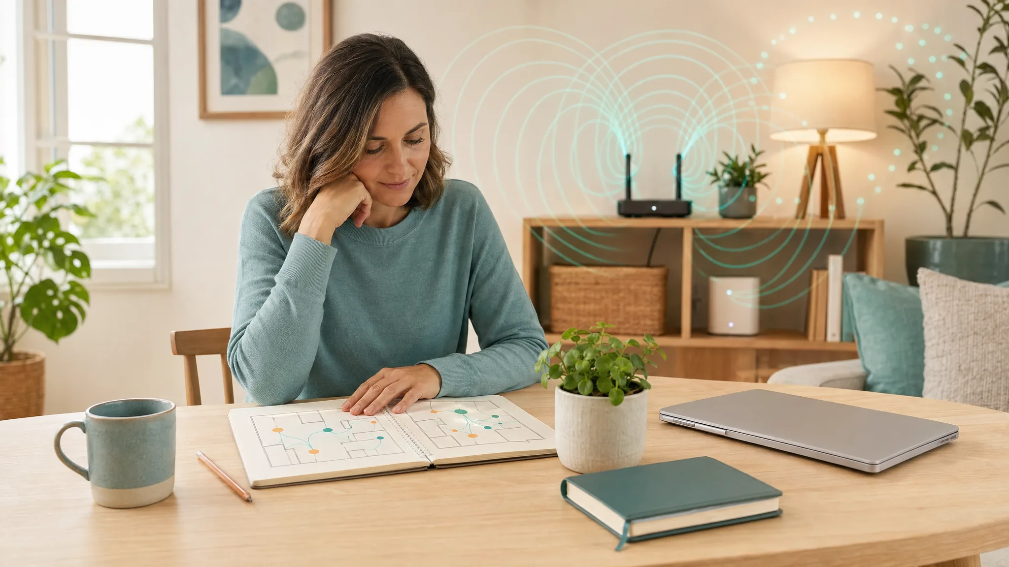 Homeowner reviews a floor plan decision map in a warm home workspace with subtle field lines near everyday electronics.