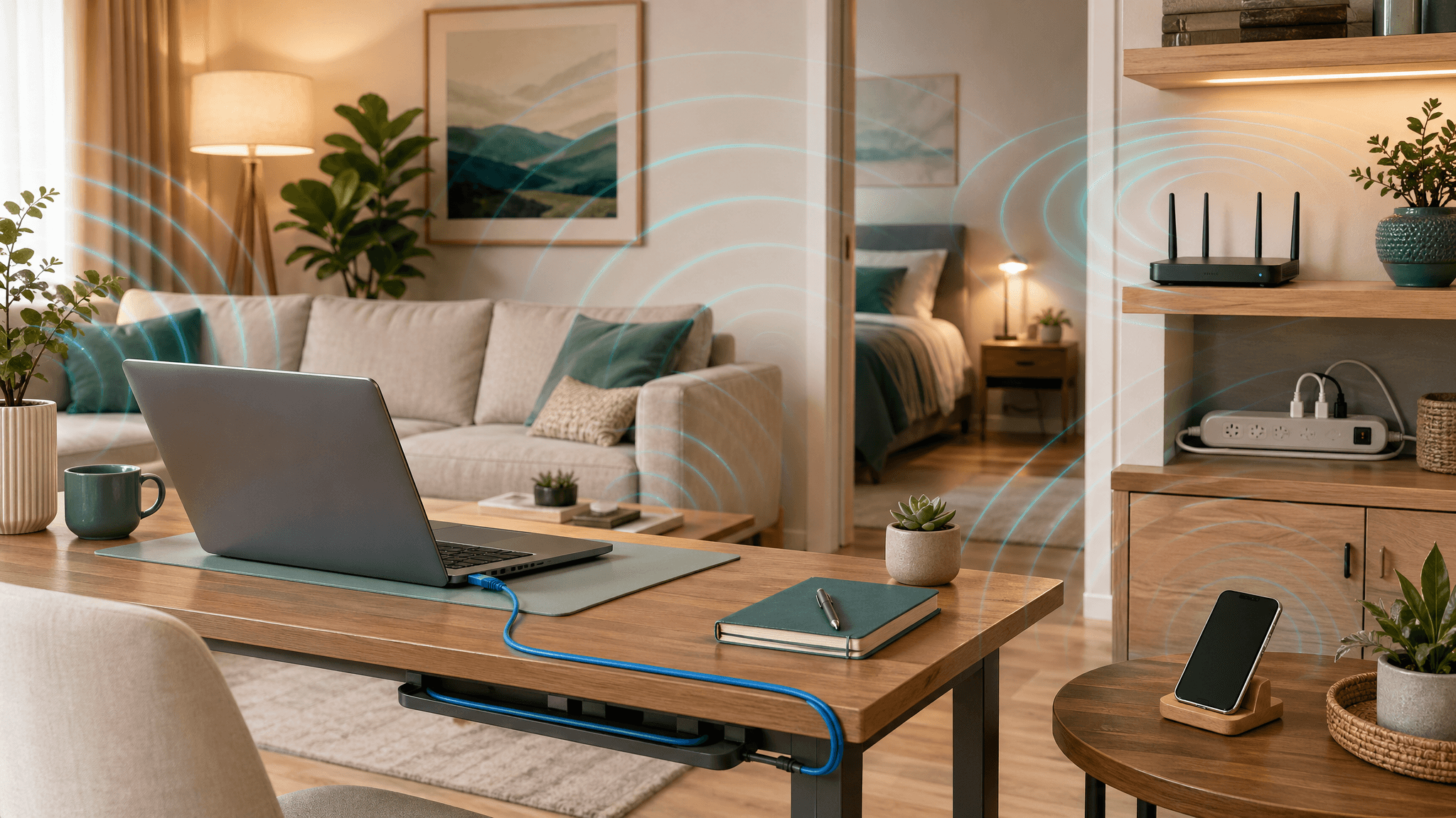 Balanced home technology scene showing practical EMF reduction habits without removing modern devices.