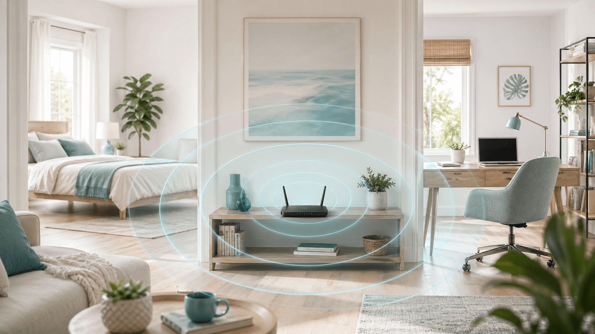 Home Wi-Fi router placed away from a bed and desk with gentle signal rings fading over distance.