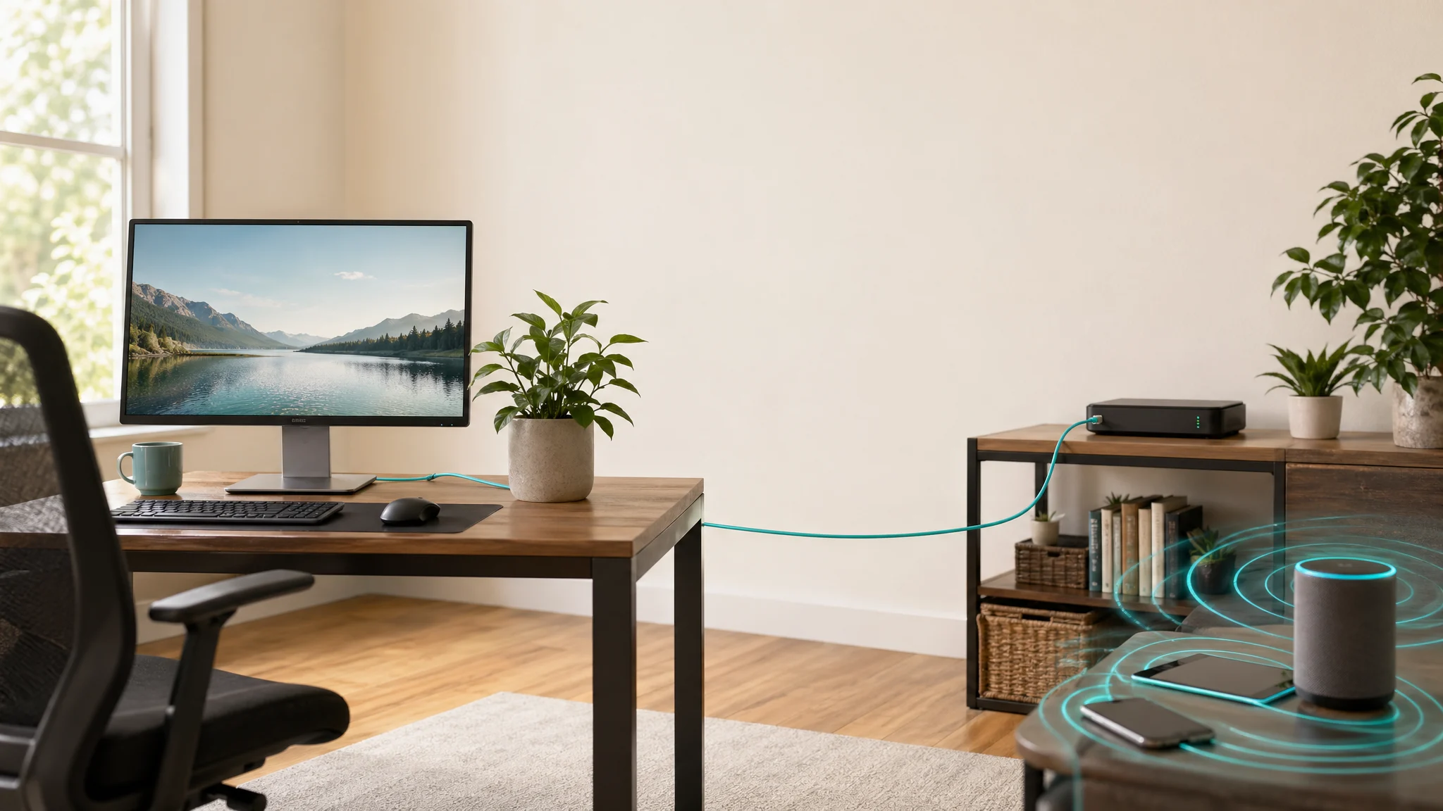 Home office with a computer connected by Ethernet cable and wireless devices set apart, illustrating a wired-first technology setup.