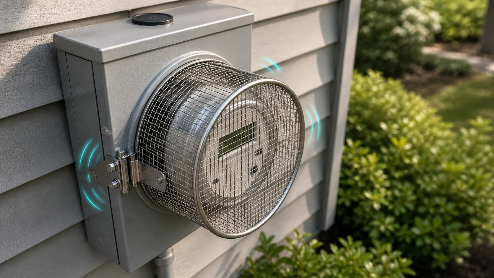 Smart meter on a home exterior with calm measurement markers and shielding context