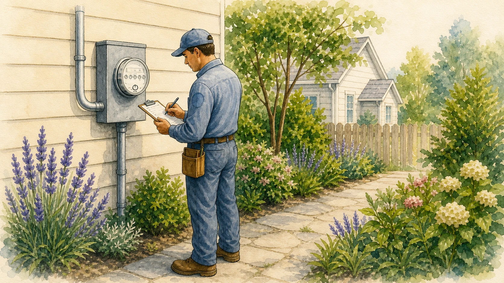 Manual meter reader with clipboard checking an uncovered exterior smart meter.