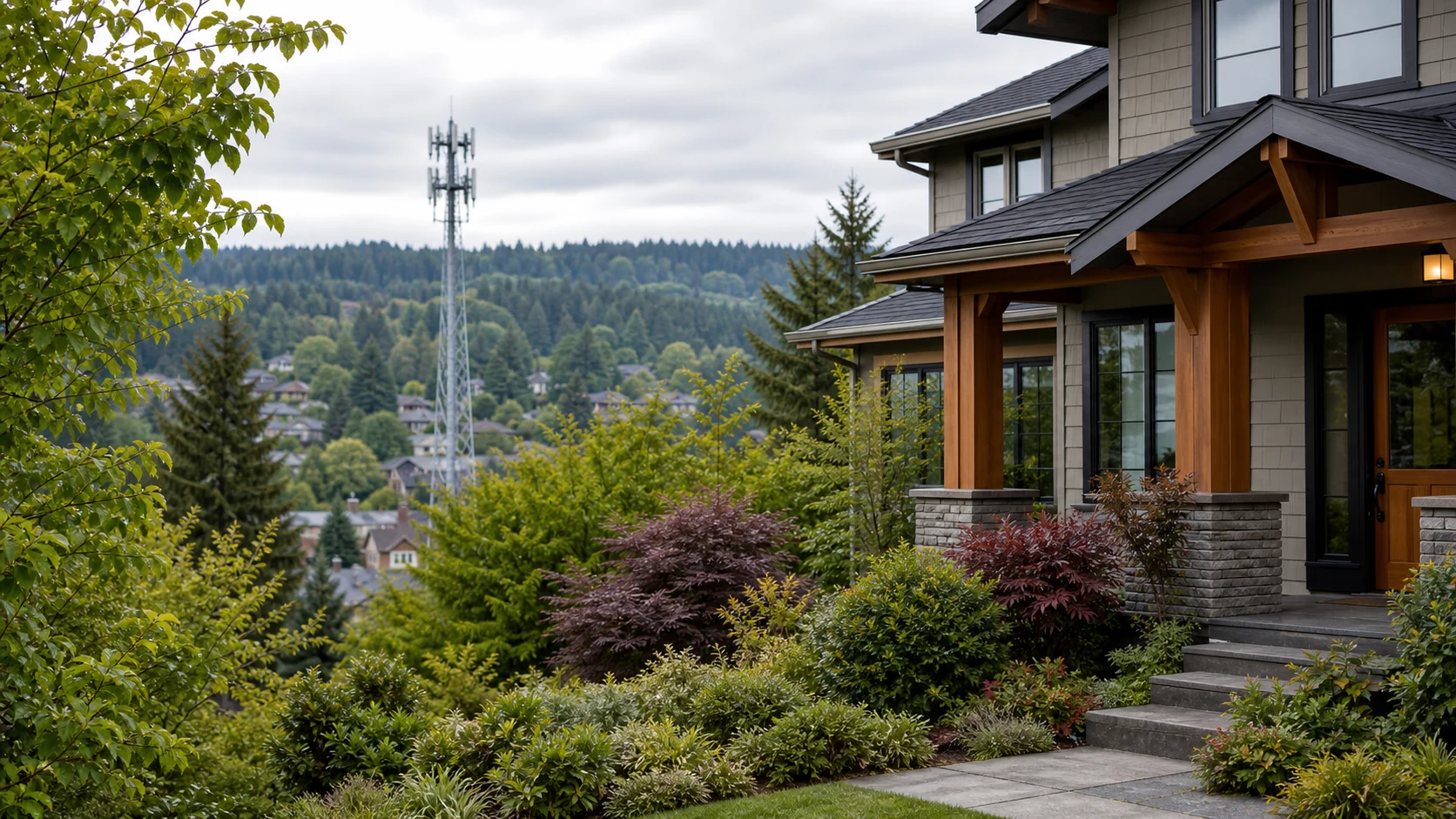 Home near a cell tower and surrounding property in a Portland-area neighborhood with no people or devices