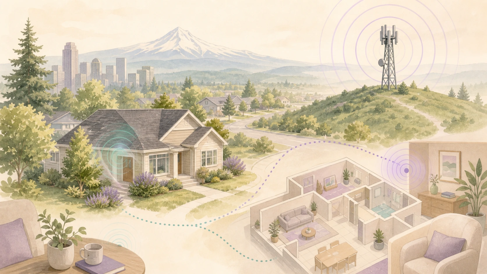 Illustrated property planning graphic comparing a home near a cell tower with distance and site checks.