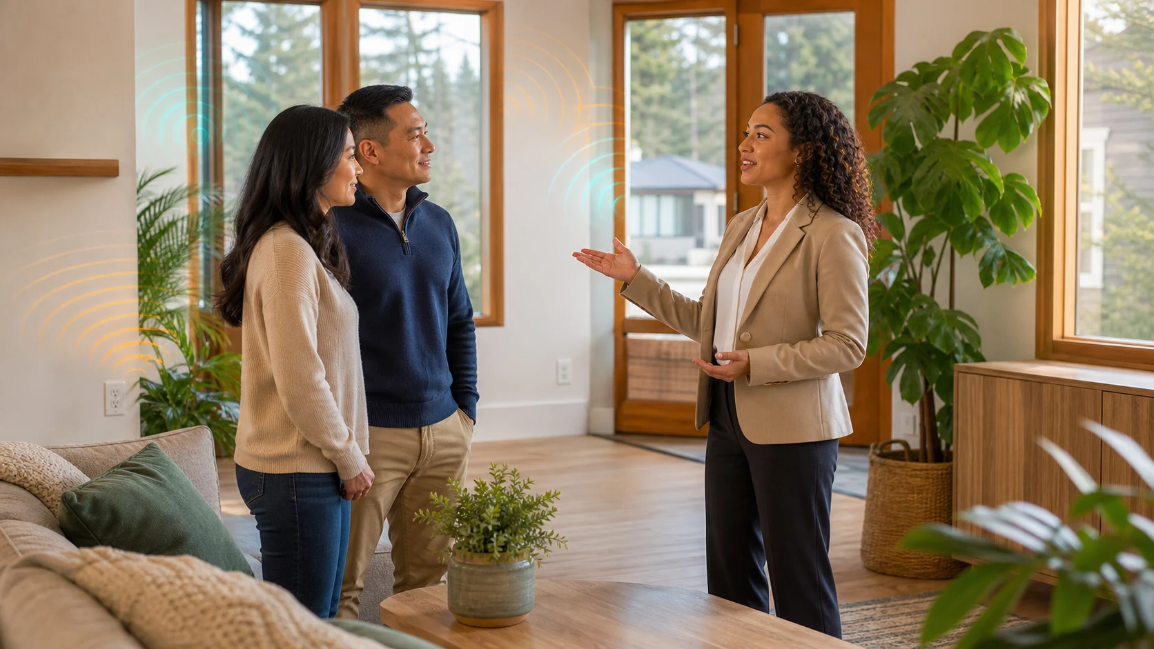 Clean staged home interior illustrating subtle EMF concerns at windows and wall sockets with no devices