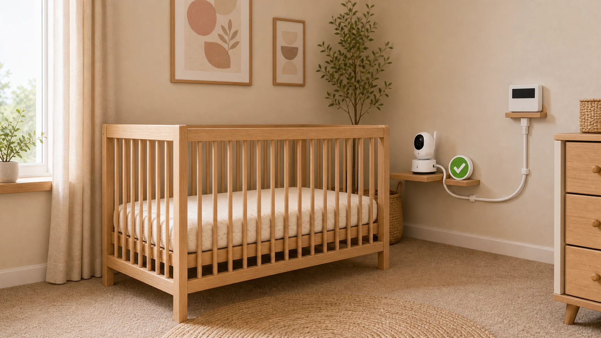 Wired baby monitor near a crib marked with a green check, with a managed cable routed safely to a wall connection away from the sleep area.