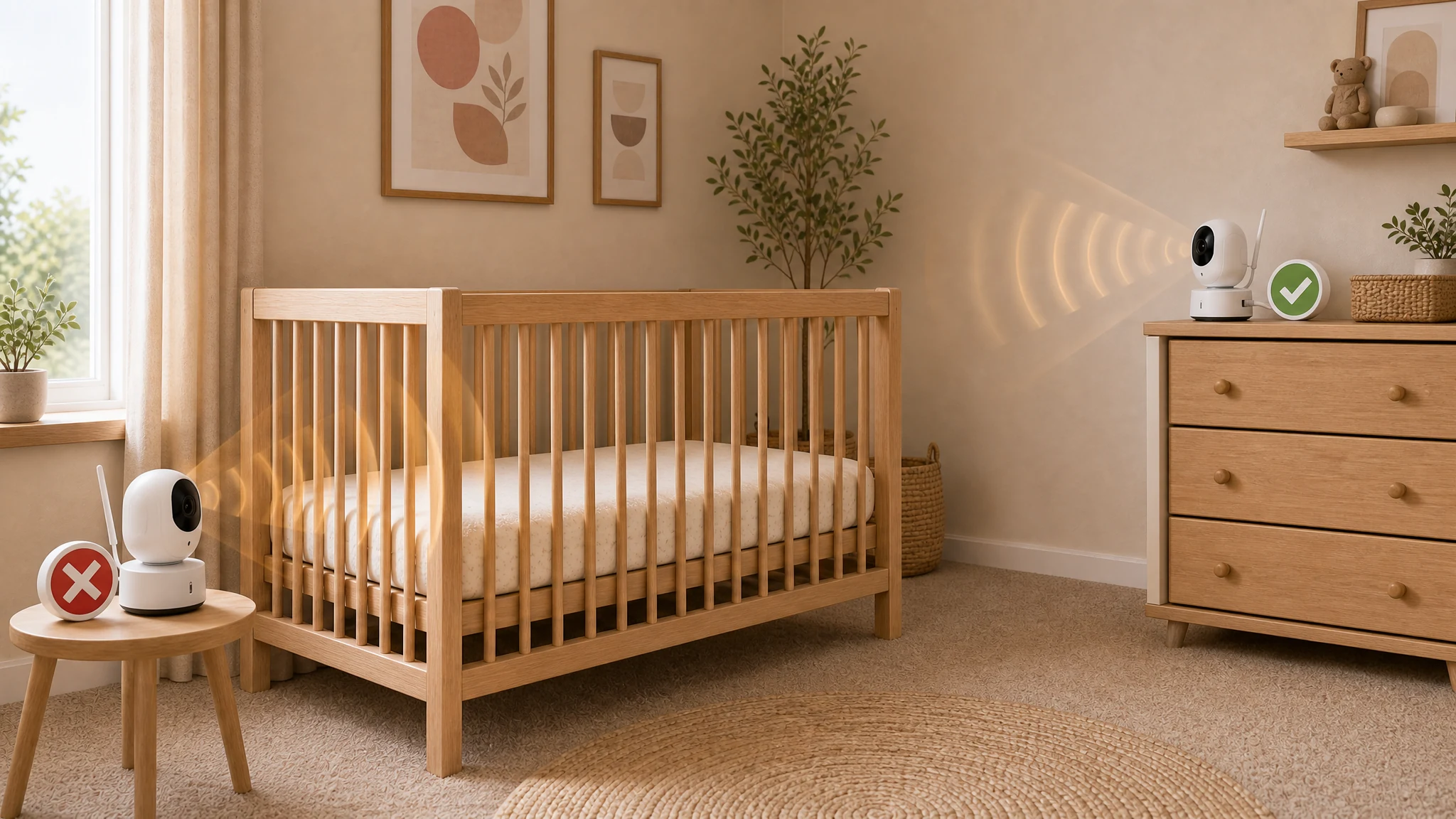 Wireless baby monitor placement comparison showing a close monitor marked with a red X and a farther monitor marked with a green check, with signal waves fading before the crib.