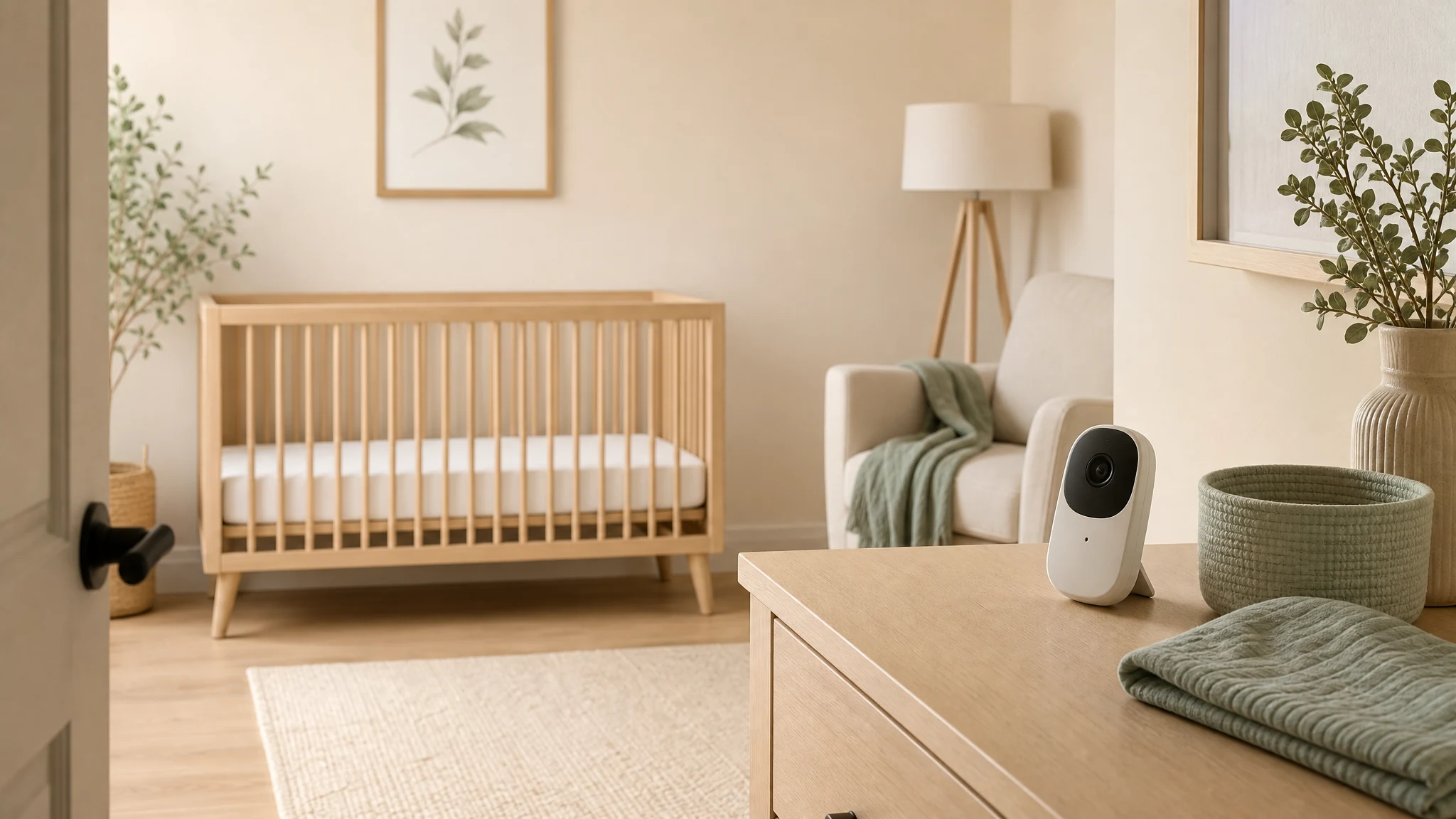 A calm nursery with a baby monitor placed safely on a dresser away from the crib.