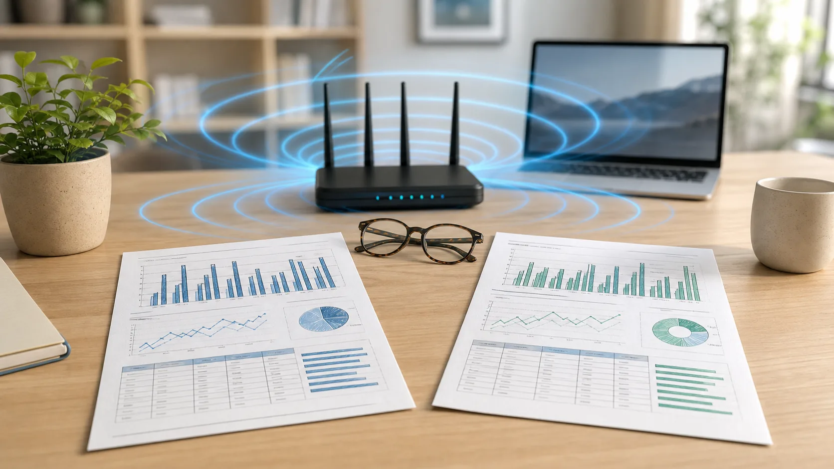 Two EMF research reports compared side by side with wireless signal waves between them