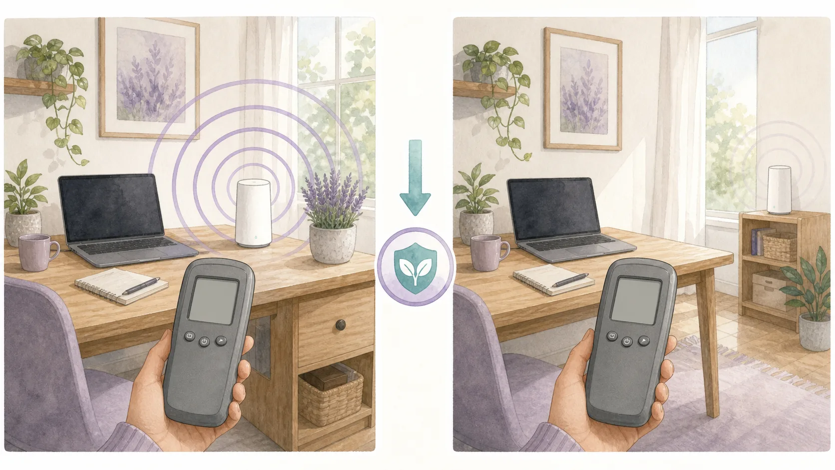 An EMF meter comparing readings before and after moving a wireless source farther away.