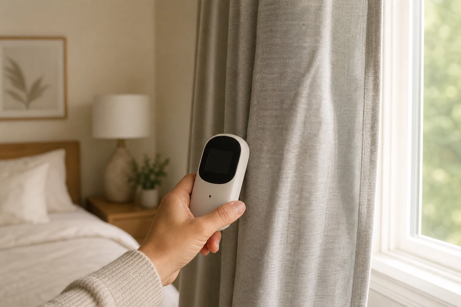A handheld meter checking radio frequency levels beside a hanging panel of conductive shielding fabric.