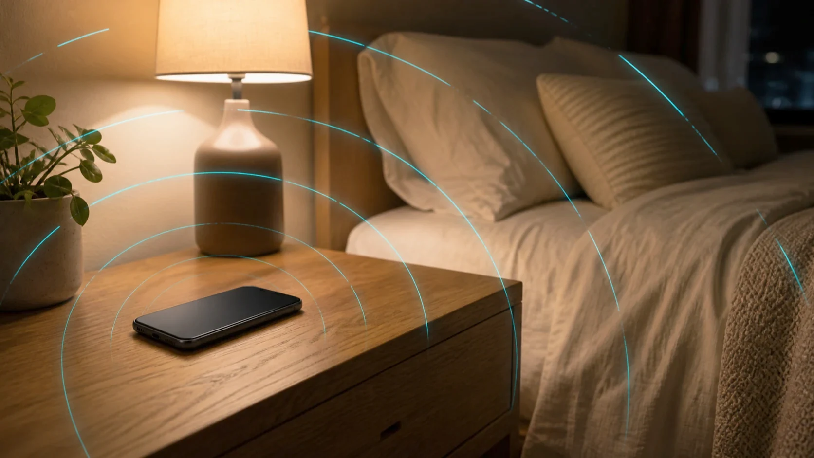 Smartphone in airplane mode on a bedside table as cyan wireless signal arcs fade around it overnight.