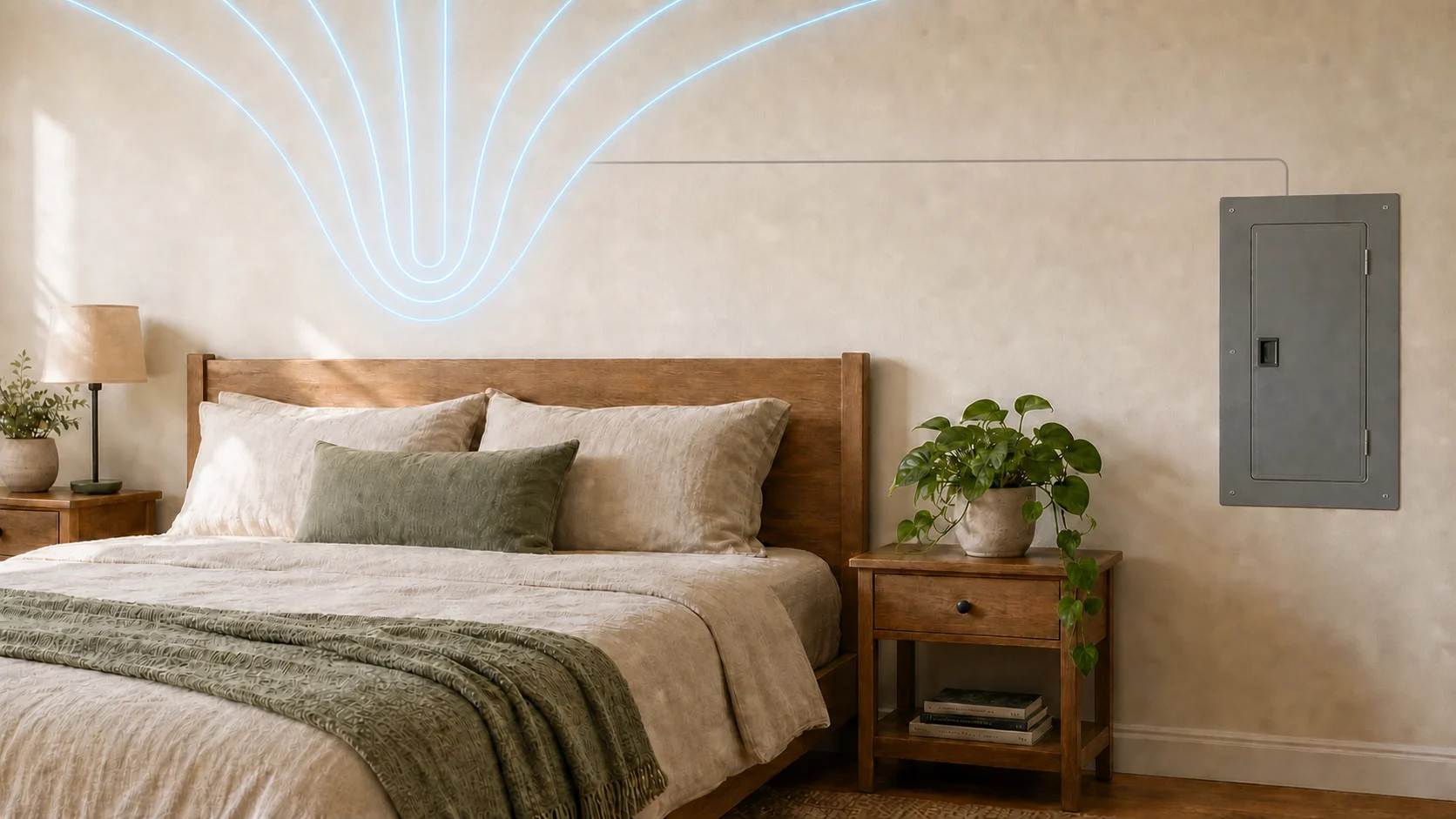 Calm bedroom with a closed electrical panel and conceptual overlays showing a matte gray concealed-wiring route and five open cyan field arcs across the upper wall.