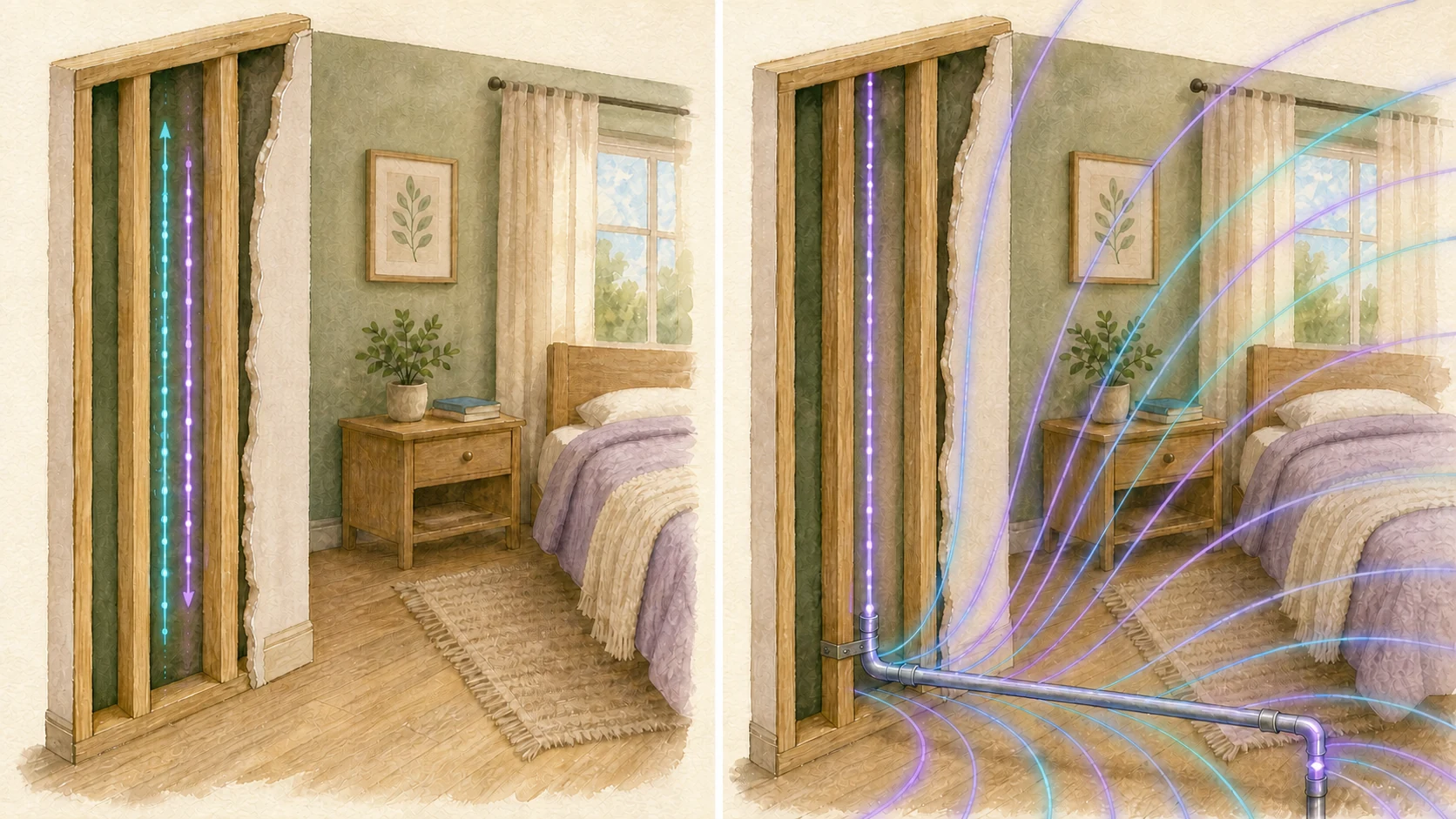 How Far Should Your Bed Be From the Electrical Panel? 1 Watercolor cutaway showing paired circuit conductors with opposing current directions and no surrounding field graphic, beside unbalanced current on a metal pipe with open cyan and violet field arcs continuing across the room.
