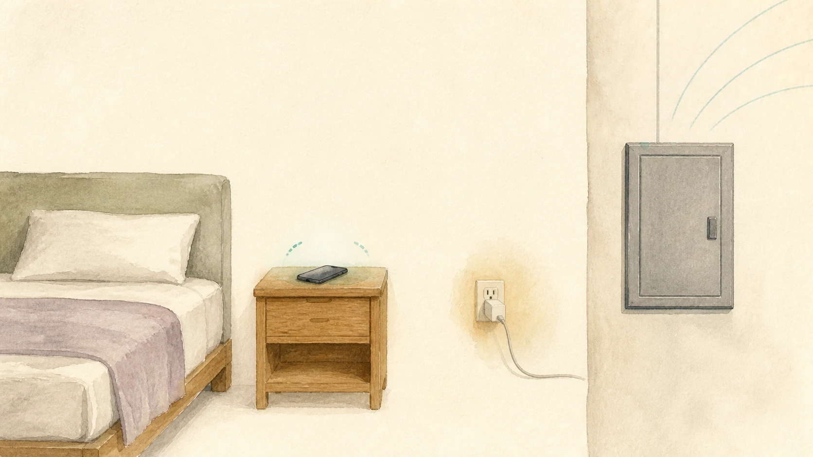 Bedroom diagram separating a phone in airplane mode, charging equipment, and an electrical panel as different overnight EMF sources.