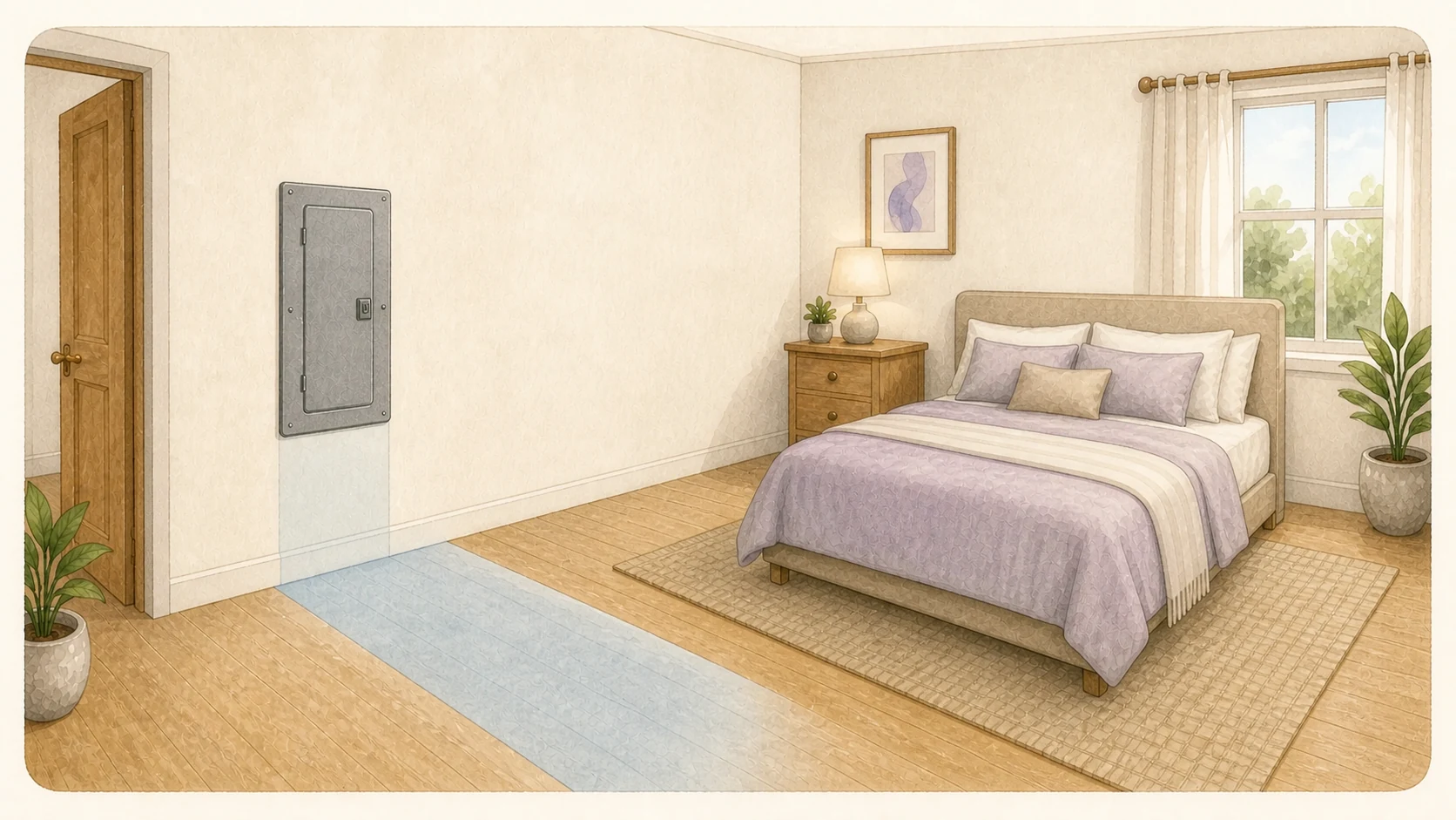 How Far Should Your Bed Be From the Electrical Panel? 2 Watercolor bedroom with a closed electrical panel and an unobstructed pale-blue service area extending in front of it, while a normal bed sits outside the access path.