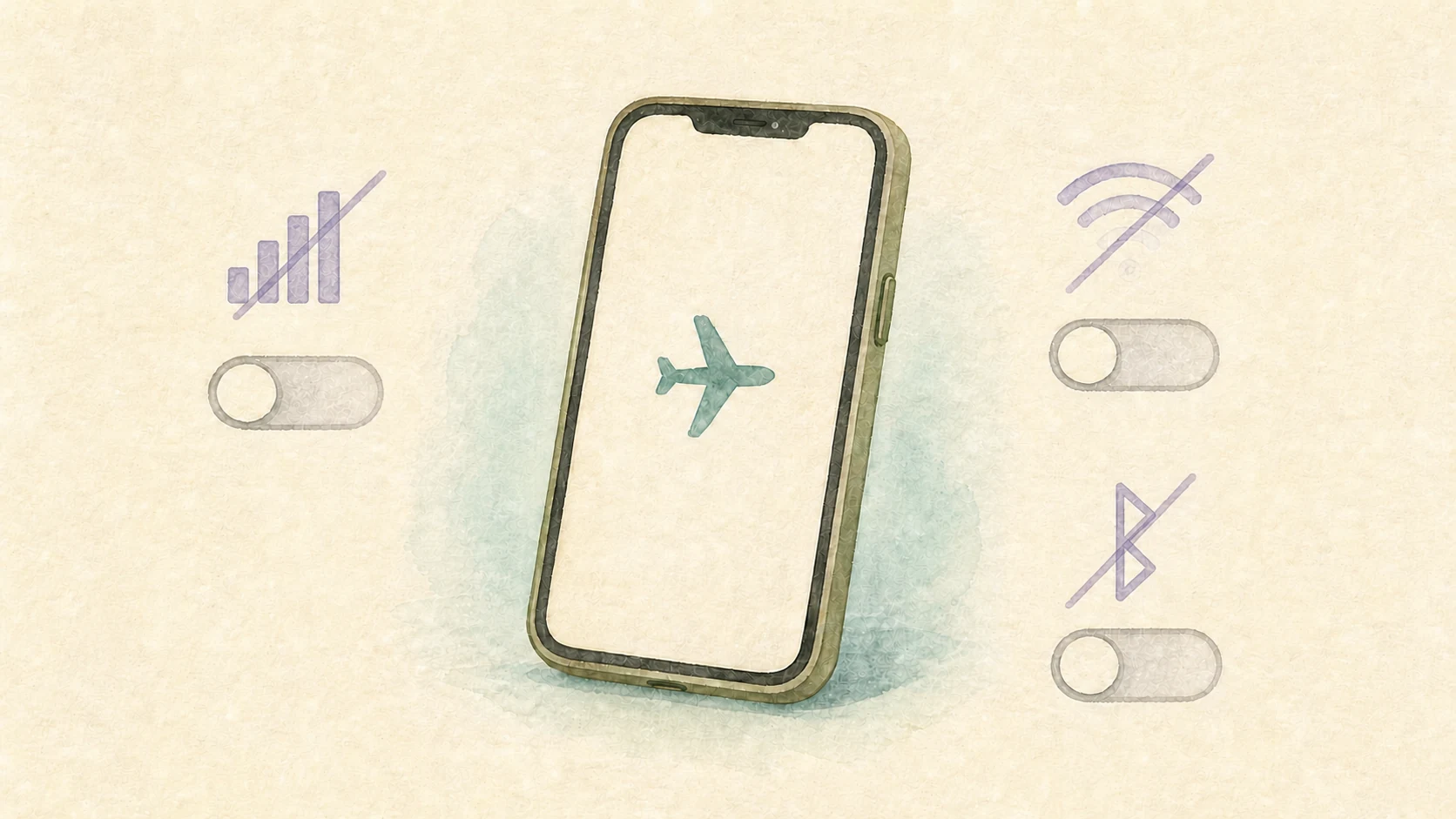 Phone settings illustration showing airplane mode on with cellular, Wi-Fi, and Bluetooth all switched off.