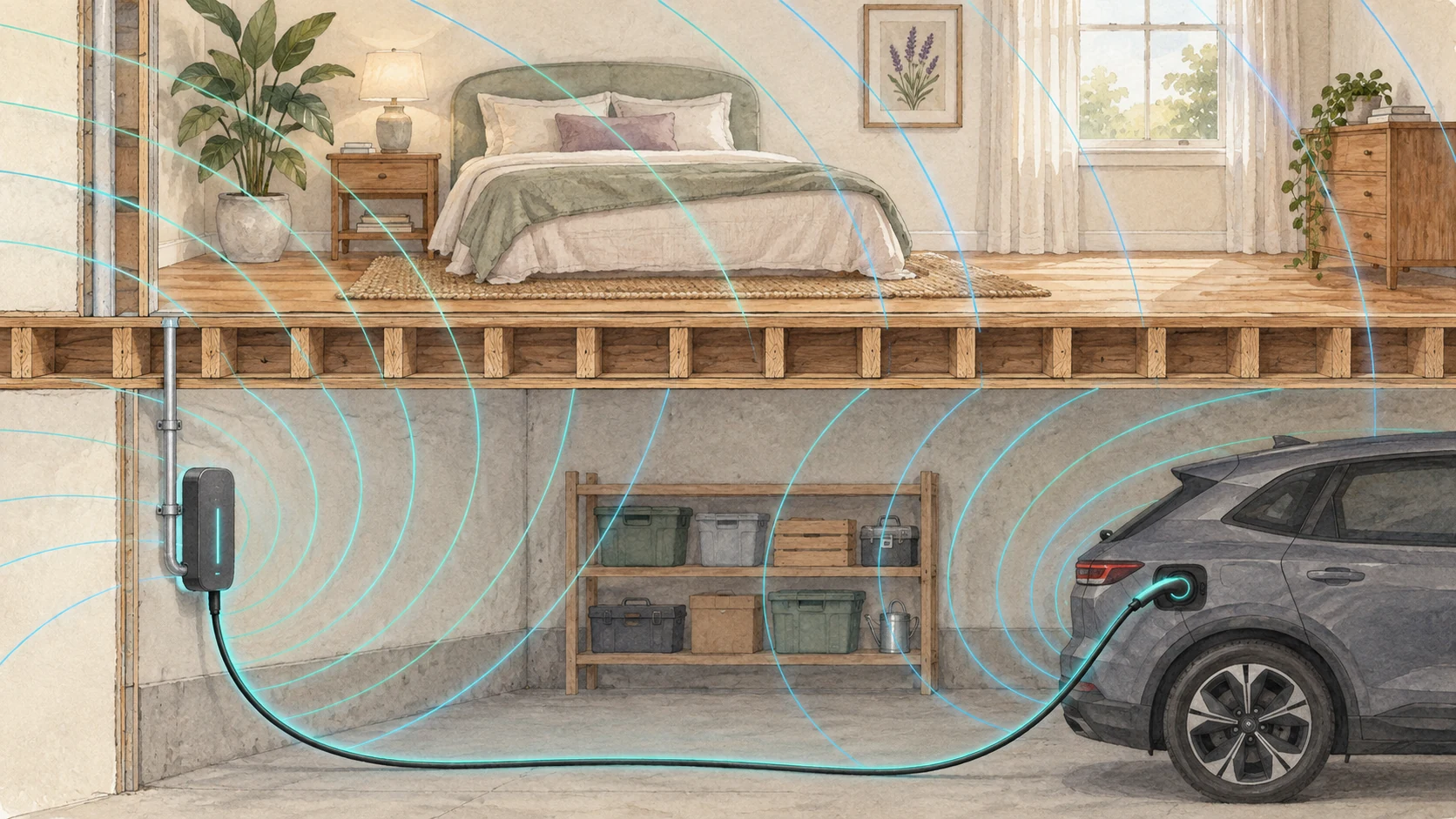 Do EV Chargers Add Meaningful EMF to an Attached Garage or the Room Above It? 1 Hand painted cutaway section through a house. A wall mounted electric vehicle charging unit in the garage below, a cable running to a grey car, a band of timber joists across the middle, and a bedroom above with a bed beside the window. Thin teal arcs pass from the charging equipment up through the floor and out of the edges of the frame.