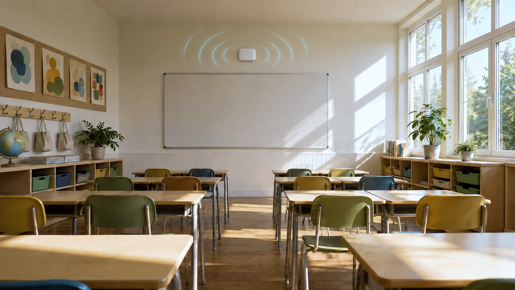 An empty, sunlit primary-school classroom with small desks and chairs facing a blank whiteboard, and a small white wireless access point on the wall above it with thin blue arcs spreading outward.
