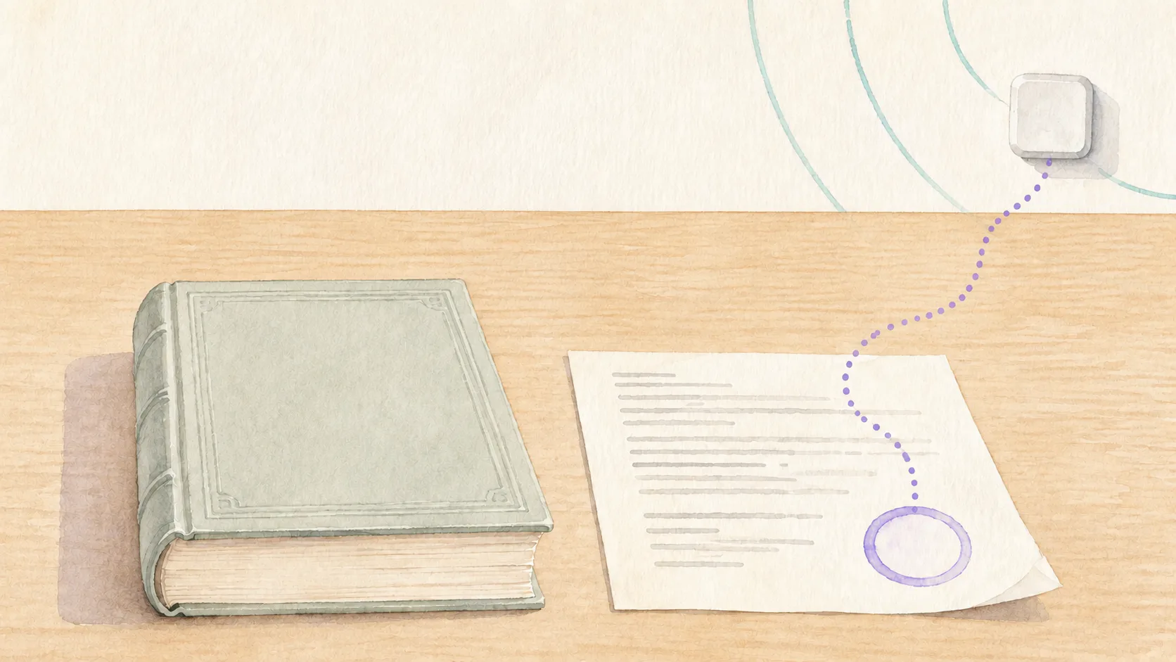 A watercolour desk scene: a thick closed legal volume beside a single loose sheet carrying a blank round stamp, with a faint dotted line running from the sheet to a small wireless access point on the wall.