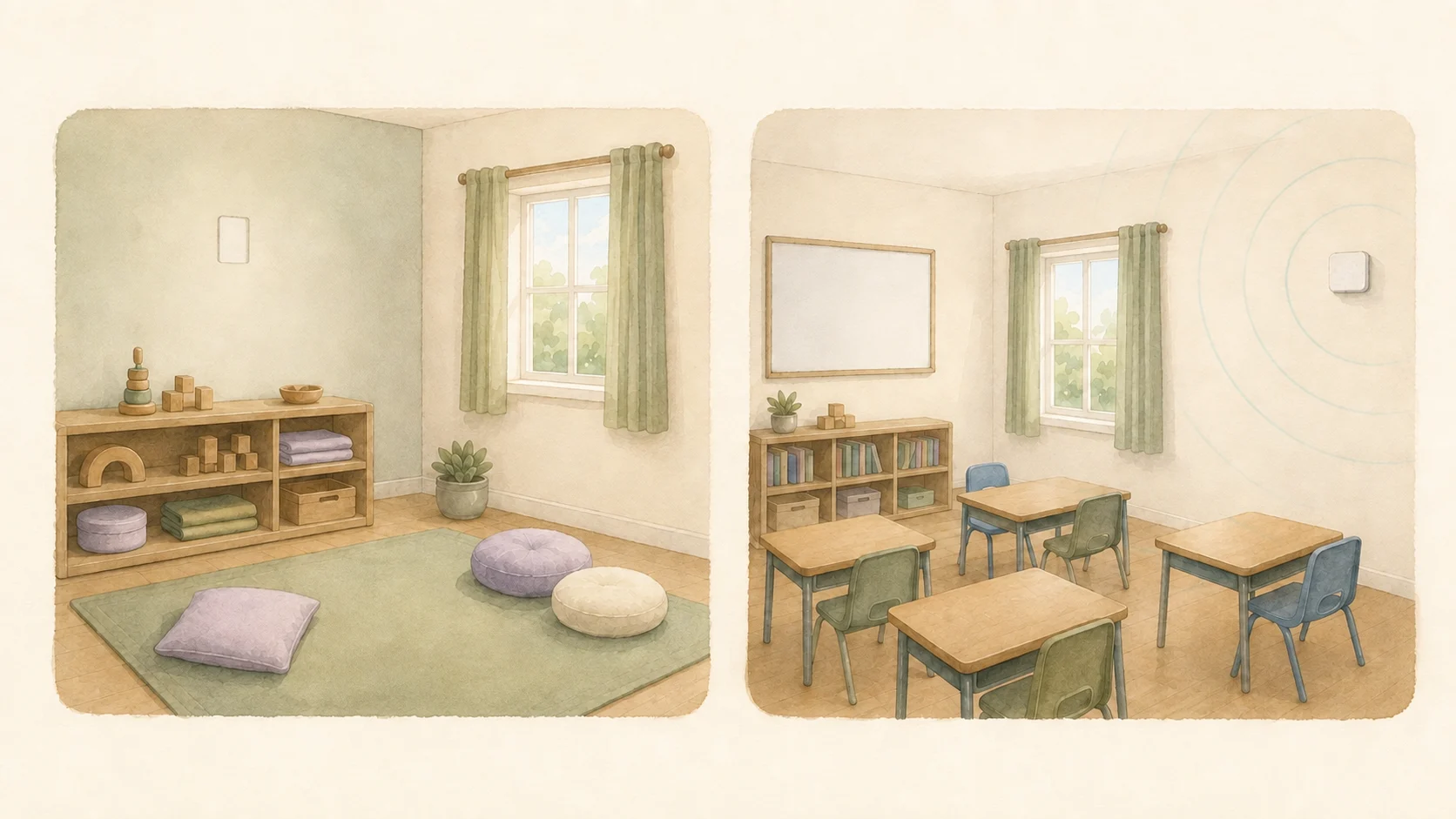Two watercolour panels side by side: an under-threes childcare room with a bare white mounting plate high on the wall and no wireless device fitted, and a primary classroom with a small white wireless access point on the wall giving off four faint teal arcs.