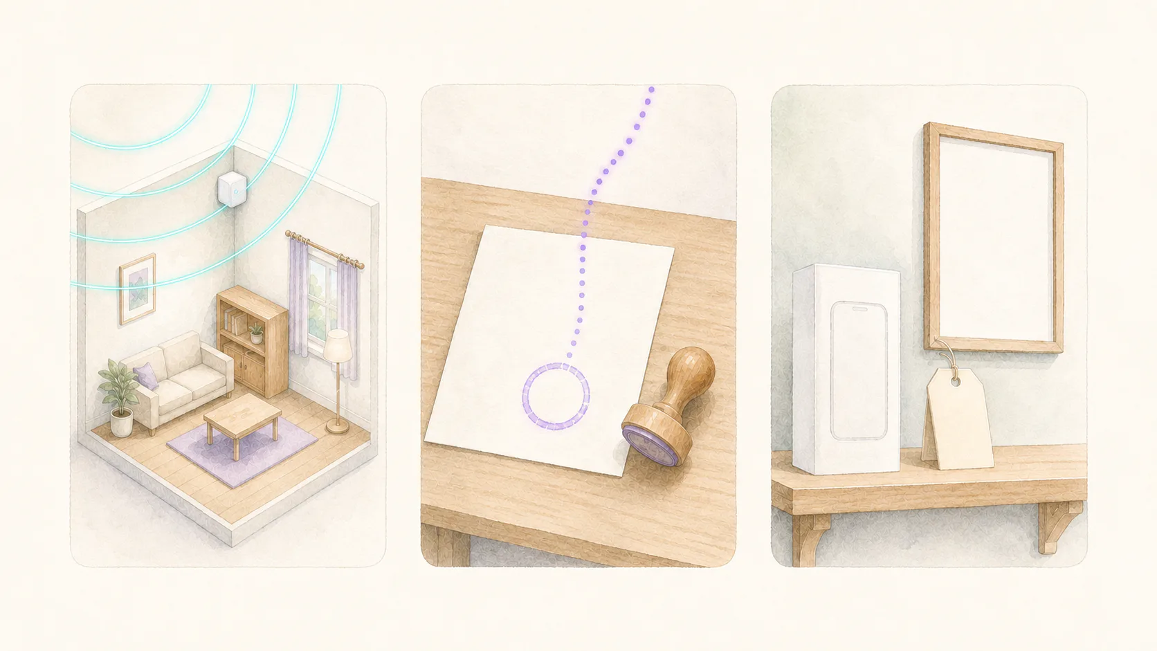 Three watercolour panels: an isometric room with a wireless access point sending out thin arcs, a stamped sheet of paper on a desk beside a wooden stamp, and a boxed mobile phone with a blank tag on a shelf.